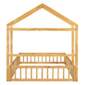 Wooden Floor Bed With Fence Railings And Detachable House Shape Headboard,Full Size Bed With Kids Dress Up Rack, Kids Montessori Style Playhouse Frame For Girls Boys, Natural Full Natural Wood