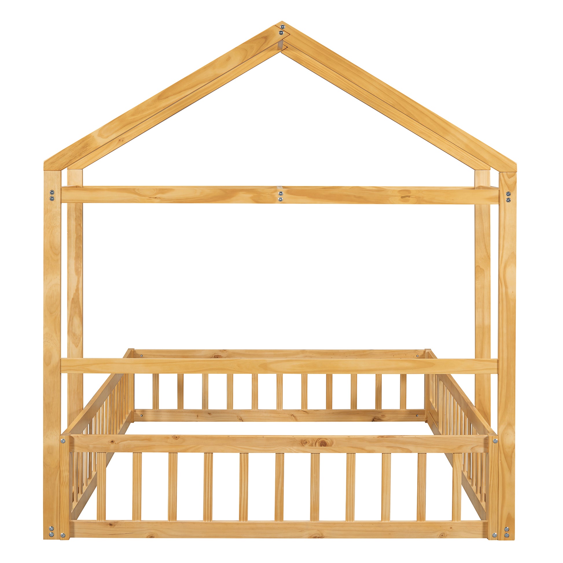 Wooden Floor Bed With Fence Railings And Detachable House Shape Headboard,Full Size Bed With Kids Dress Up Rack, Kids Montessori Style Playhouse Frame For Girls Boys, Natural Full Natural Wood