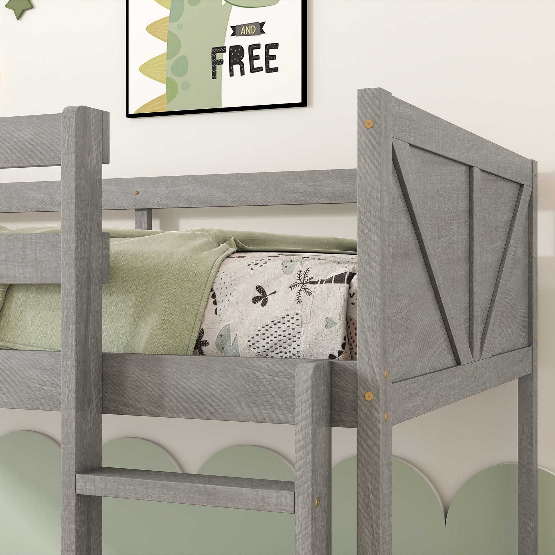 Twin Over Twin Floor Bunk Bed With Panelled Headboard And Footboard, Solid Rubber Wood Foundation With Safety Guardrails, Built In Ladder,Antique White Twin Antique White Rubber Wood