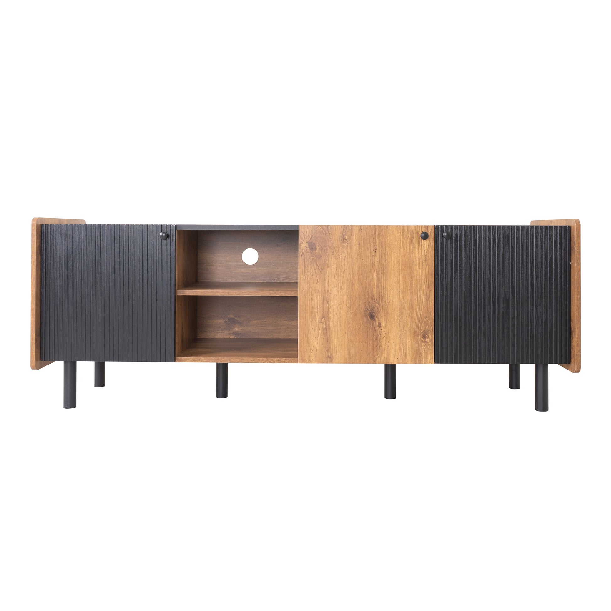 Mid Century Tv Stand With 3 Cabinets, Media Console Table For Tvs Up To 70'', Entertainment Center With Storage For Living Room, Bedroom, Home Theatre Black Brown Primary Living Space 60 69 Inches