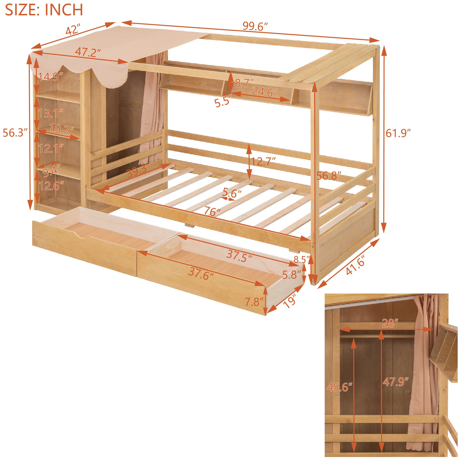 Twin Size House Bed With Two Drawers And Wardrobe,Natural Twin Natural Solid Wood