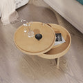 Modern Round Wood Rotating Tray Coffee Table With Storage & Metal Legs In Natural Natural Metal,Rubber Wood
