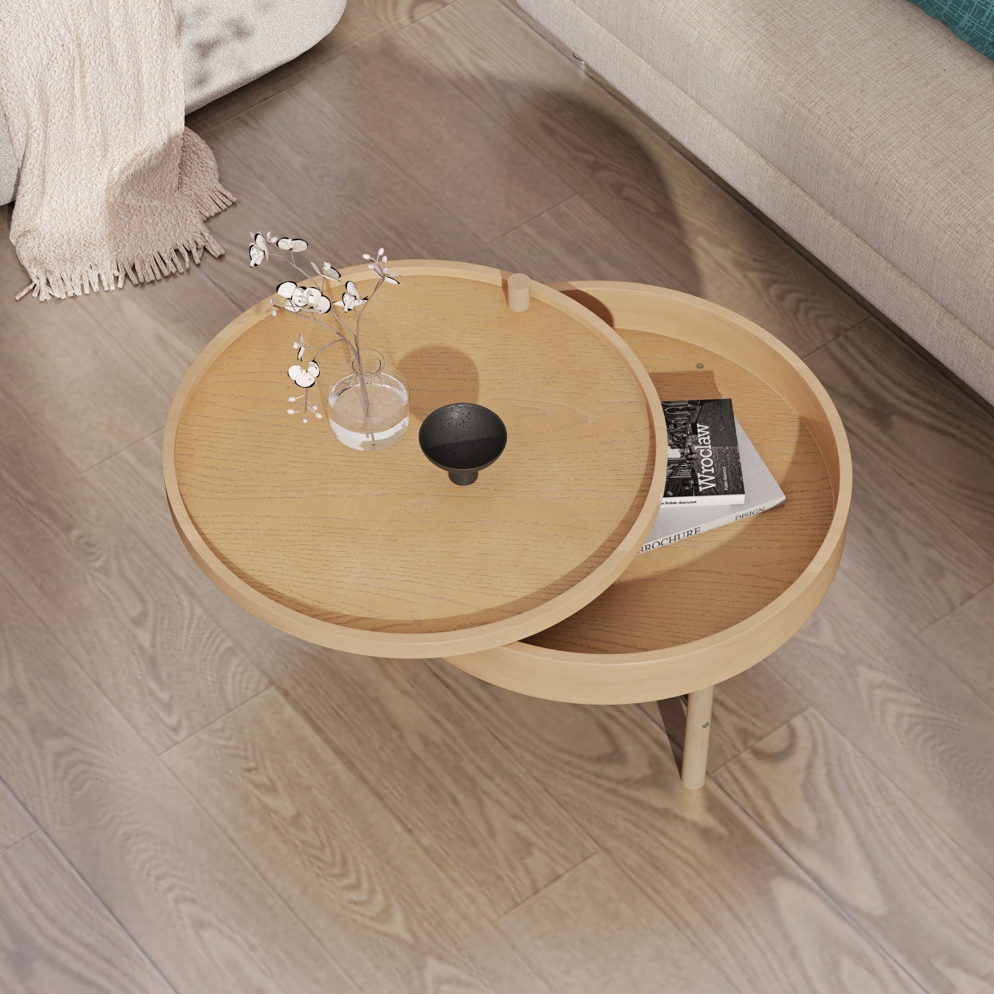 Modern Round Wood Rotating Tray Coffee Table With Storage & Metal Legs In Natural Natural Metal,Rubber Wood