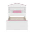 Twin Size House Shaped Wooden Bed With Storage Shelf On The Headboard, Built In Two Storage Drawers, Pink Pink White Wood