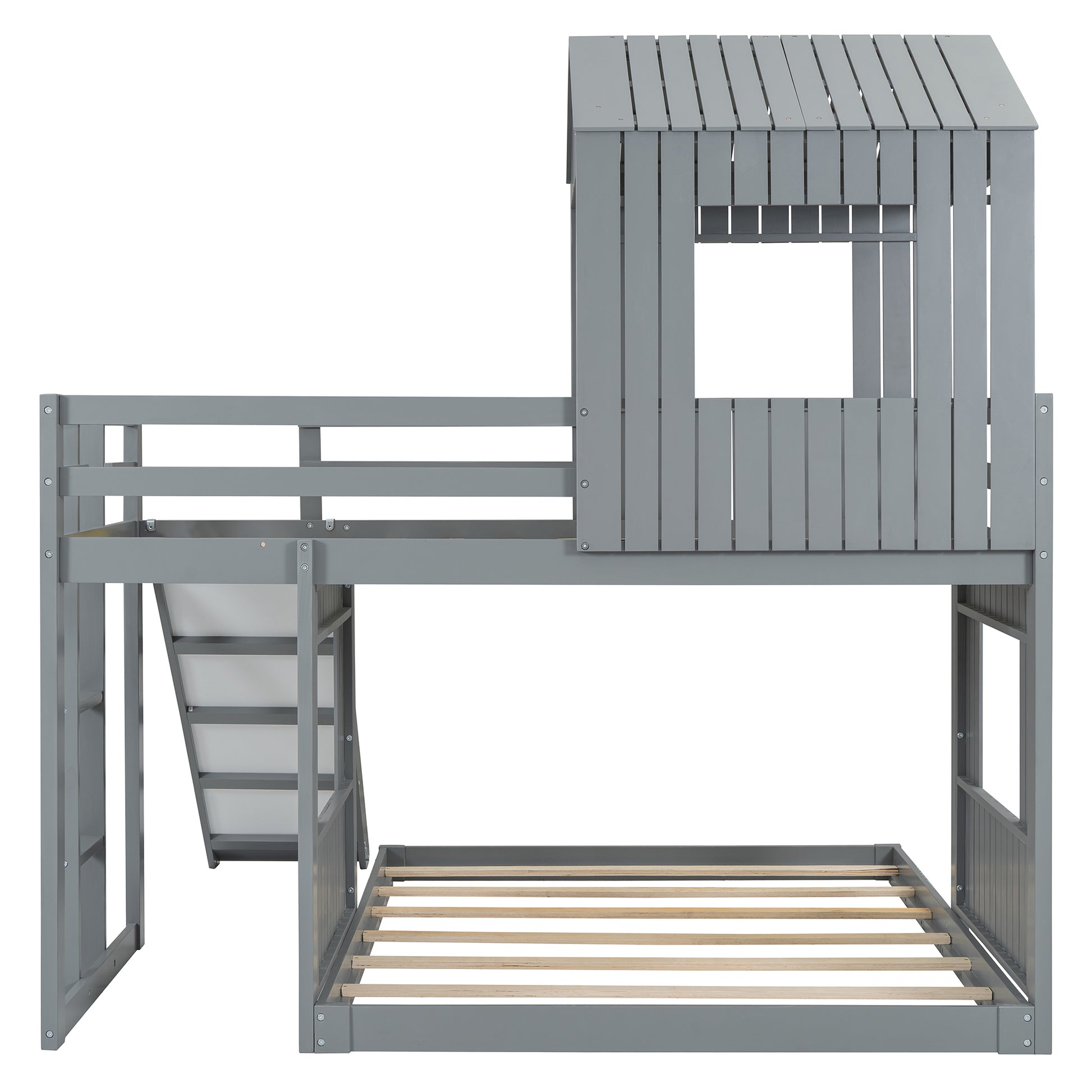 Wooden Twin Over Full Bunk Bed, Loft Bed With Playhouse, Farmhouse, Ladder, Slide And Guardrails, Gray Old Sku :Lt000028Aan Twin Gray Solid Wood