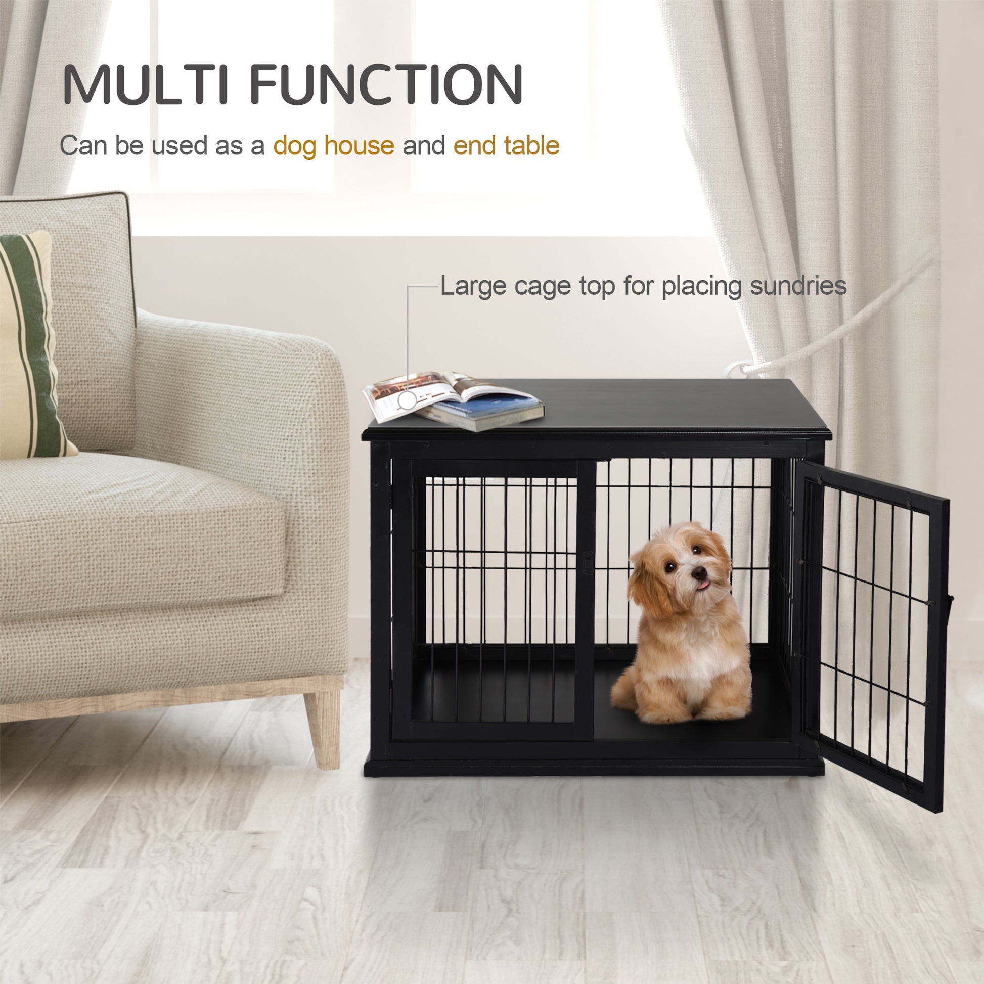 Pawhut Dog Crate Furniture, Small Dog Cage End Table With Two Opening Sides, Lockable Door, Puppy Kennel Indoor, Cute And Decorative, Black Black Mdf