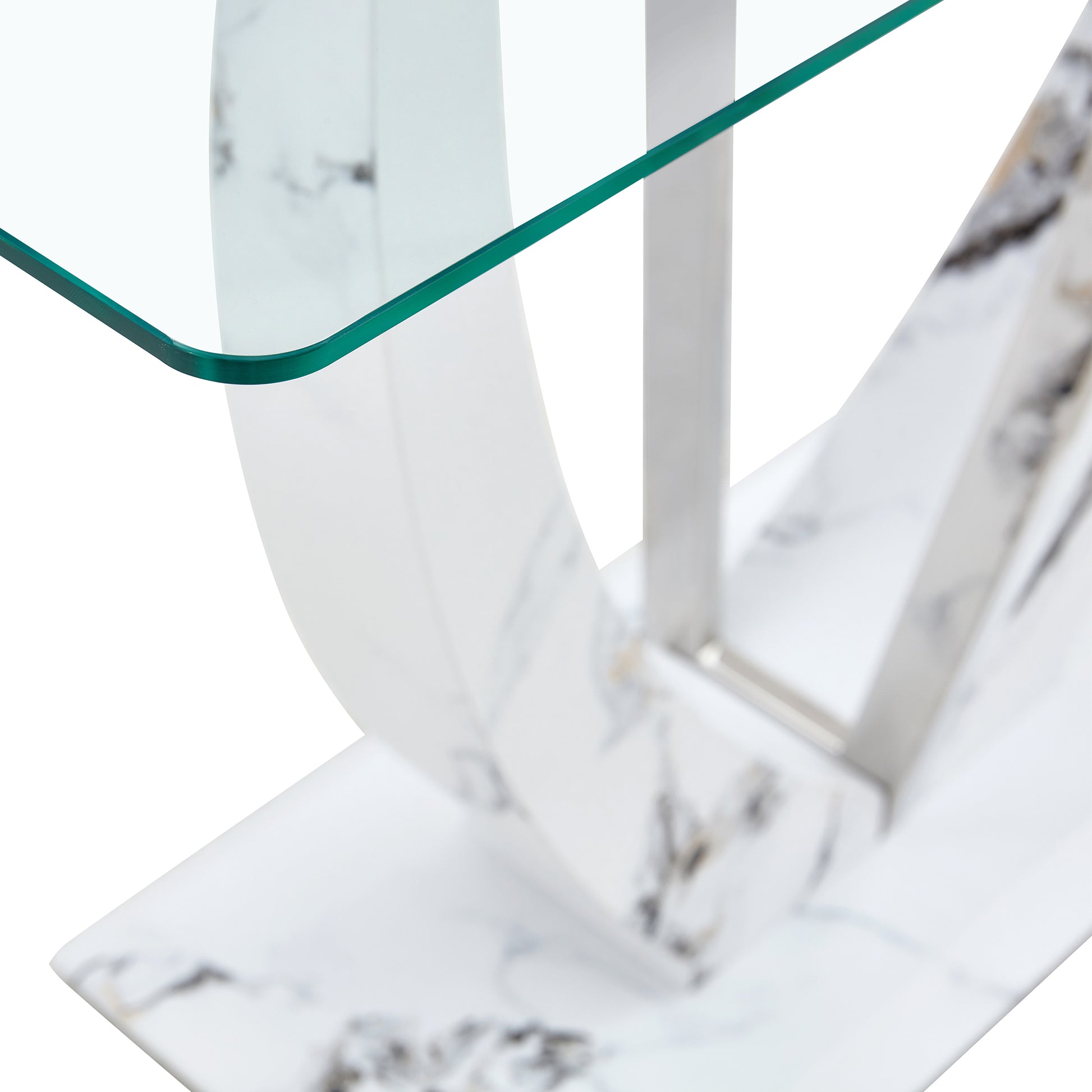 Modern Minimalist Rectangular Glass Table With 0.39 "Tempered Glass Top And Mdf White Patterned Sticker Legs For Entrance And Living Room. Transparent Glass