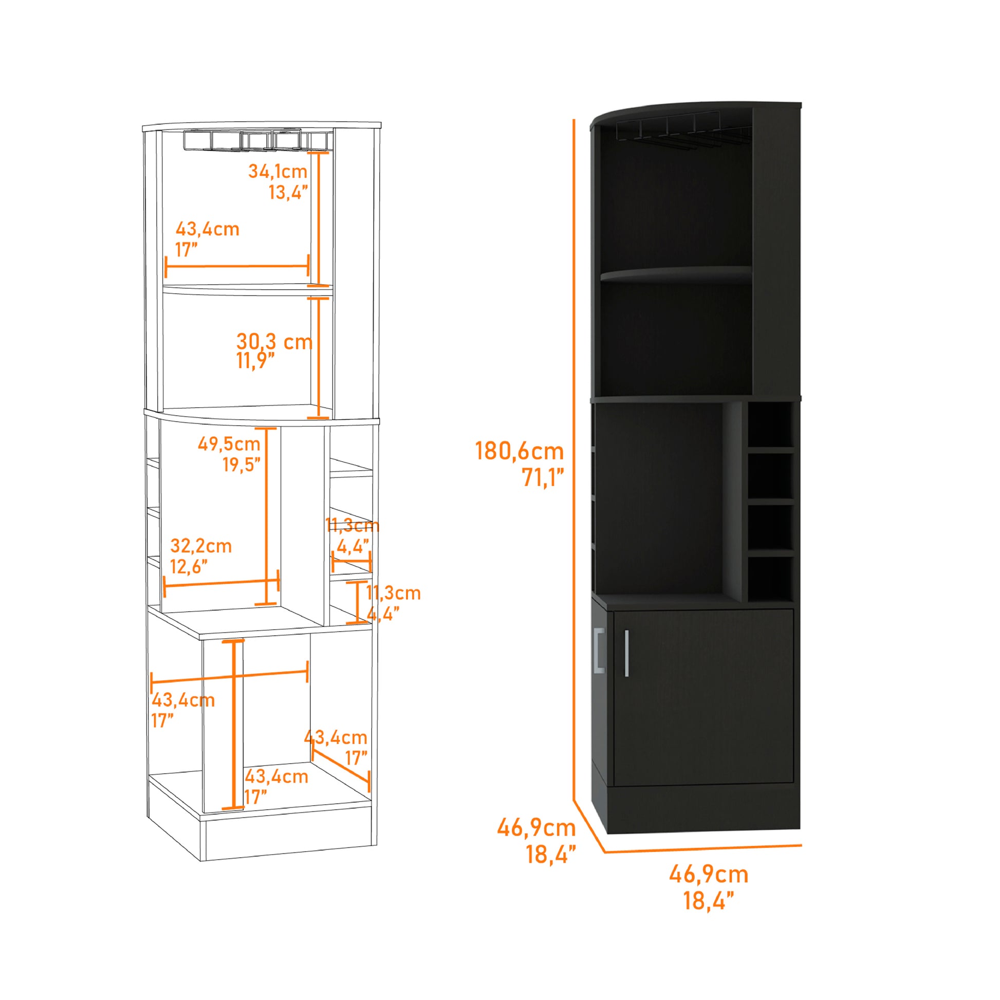 Seattle Bar Cabinet, Eight Bottle Cubbies, Two Large Open Shelves Vertical Black Open Storage Space Contemporary Pine Particle Board Engineered Wood