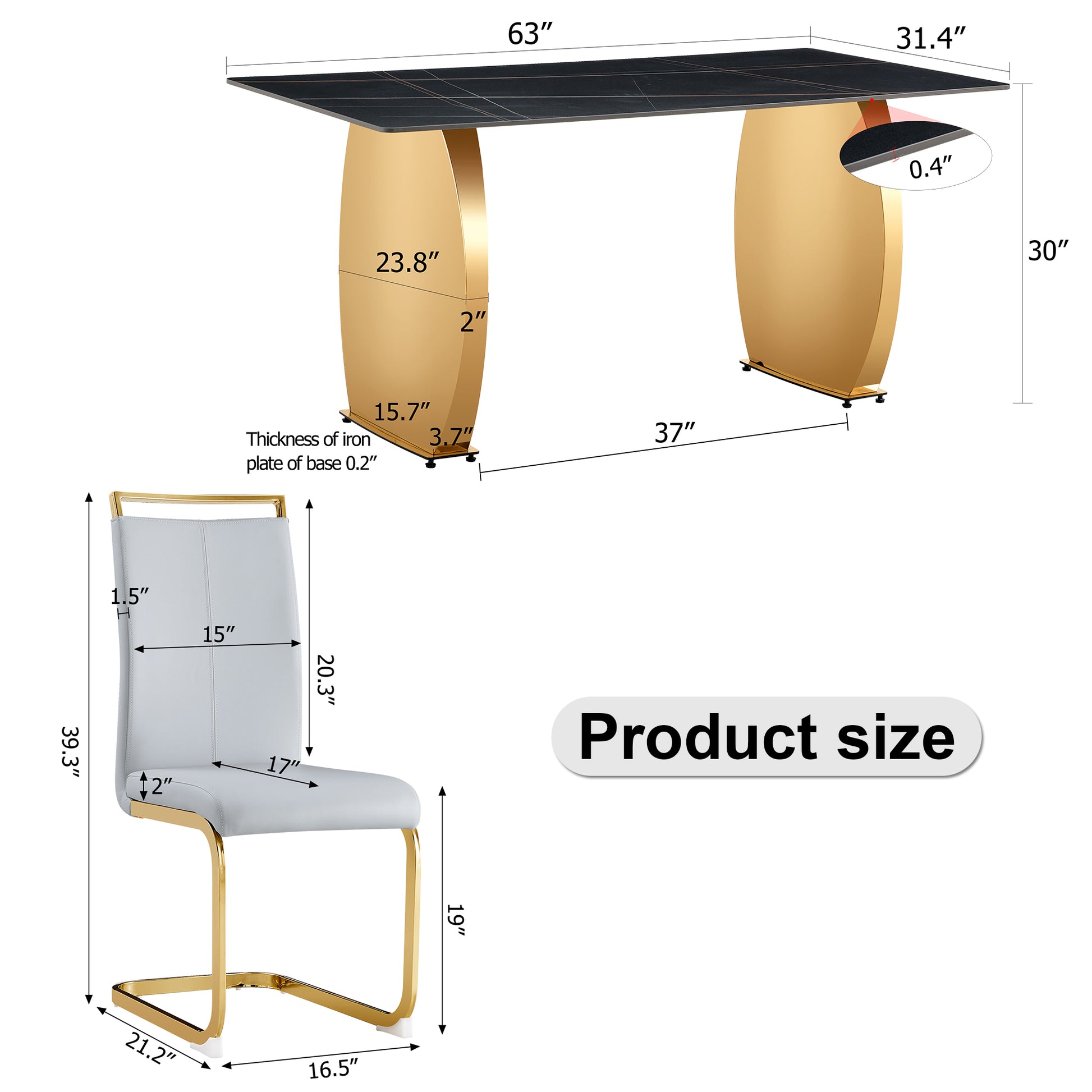 Table And Chair Set,Modern Rectangular Table With 0.4 Inch Black Patterned Tabletop And Gold Legs, Suitable For Kitchen, Dining Room, And Living Roomcomfortable Pu Seats,Perfect For Dinner, Meet Grey Black Seats 6 Sintered Stone