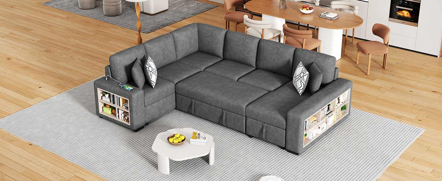 109" U Shaped Sectional Sofa Pull Out Sofa Bed With Two Usb Ports, A Storage Chaise Lounge And Four Back Pillows For Living Room, Grey Grey Foam Chenille 5 Seat