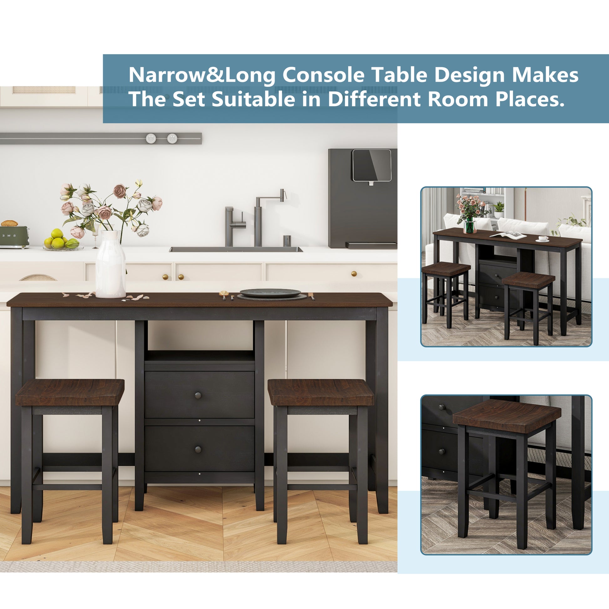 Farmhouse Rustic 3 Piece Counter Height Wood Dining Table Set With Cabinet,2 Storage Drawers And 2 Stools For Small Places,Black Cherry Wood Wood Cherry Seats 2 Wood Dining Room Farmhouse Rubberwood Rectangular Foam Solid Wood
