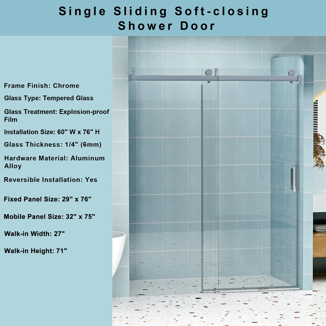 56" 60" W X 76" H Frameless Soft Closing Single Sliding Shower Door, 1 4" 6Mm Tempered Glass With Explosion Proof Coating Via Express Delivery, Chrome 24D01 60Chx Chrome Tempered Glass