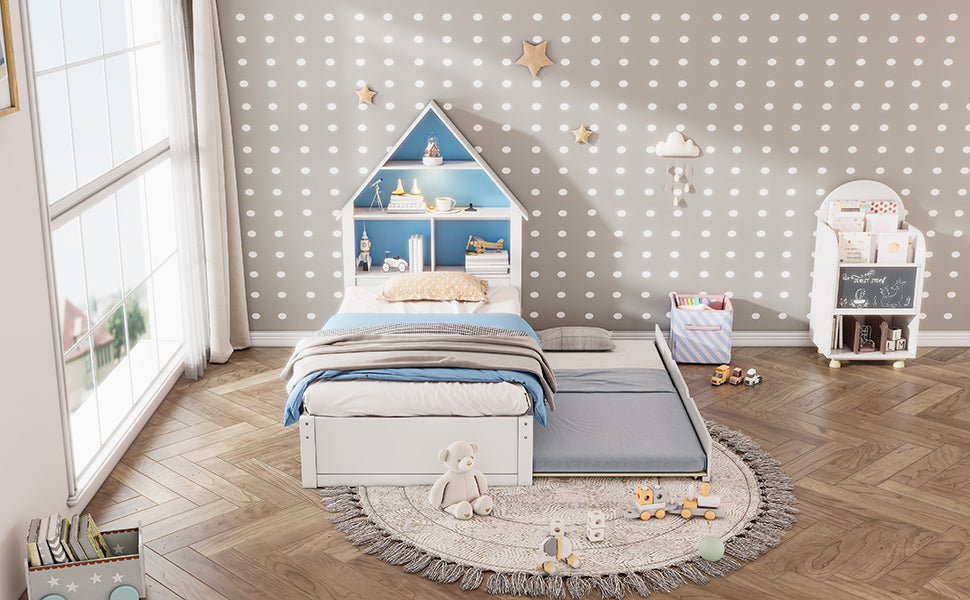 Twin Size House Shaped Bed With Bookcase Headboard And Led Light And Twin Size Trundle For Kids Boys Girls, Blue White Box Spring Not Required Twin White Blue Wood Bedroom Cute Bed Frame Wood