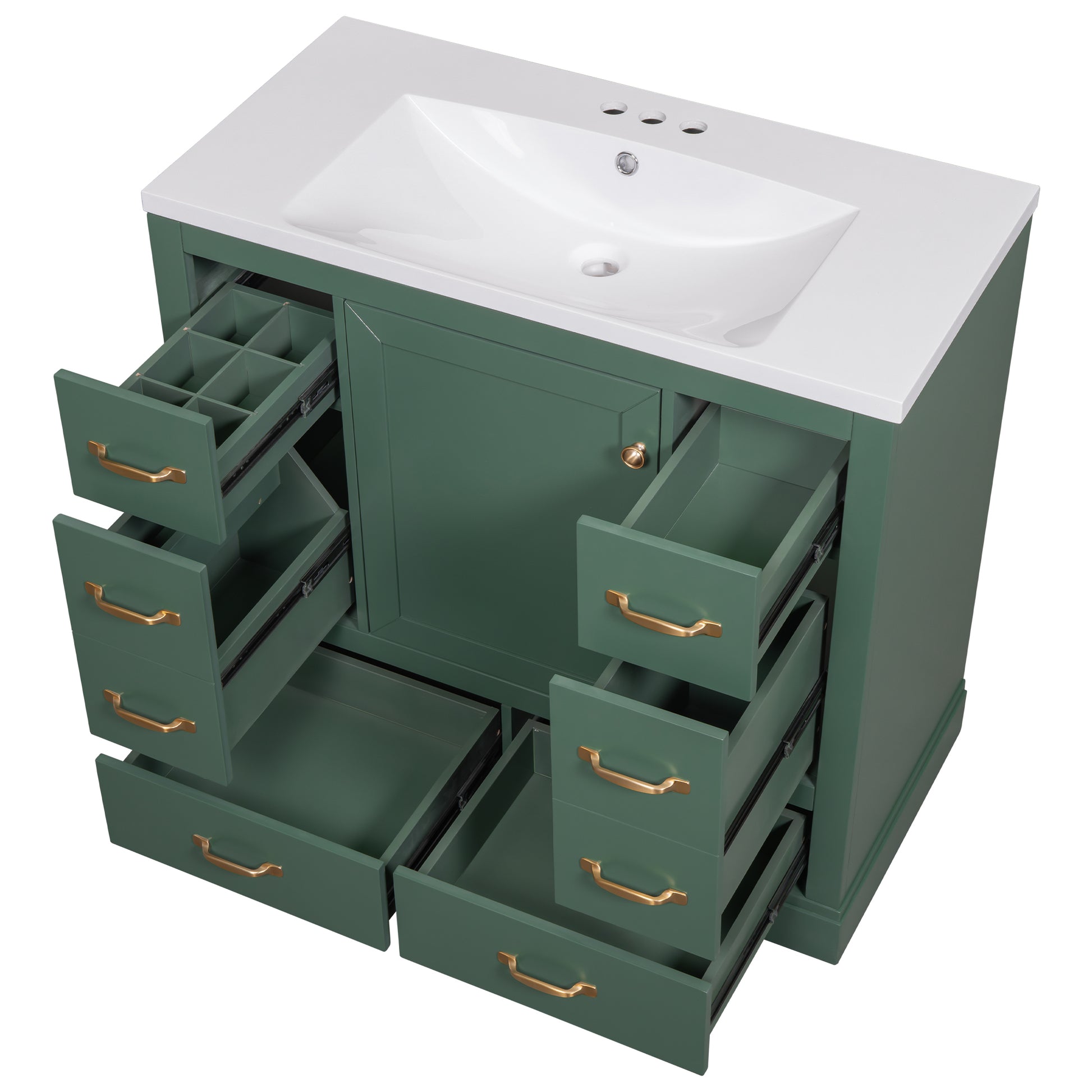 36" Bathroom Vanity With Sink Combo, Six Drawers, Multi Functional Drawer Divider, Adjustable Shelf, Green Green Solid Wood Mdf