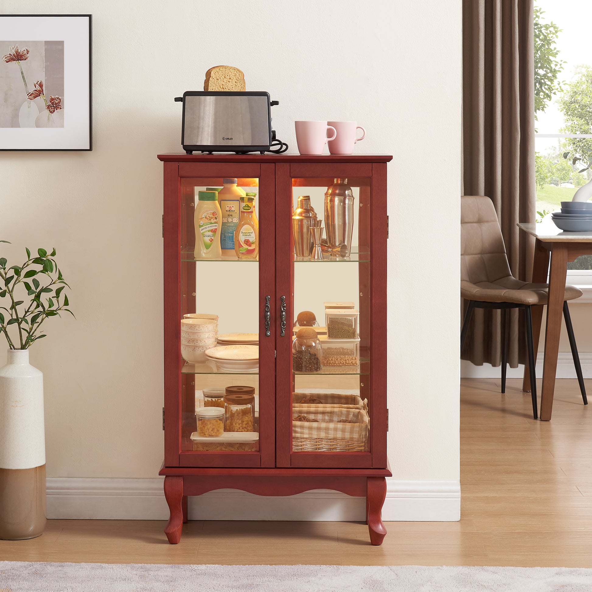 2 Doors Curio Cabinet With Tempered Glass Doors, Curio Cabinets With Mirrored Back Panel And Adjustable Shelves, Lighted Display Cabinet For Home, Office Light Bulb Included Cherry Cherry Mdf Glass