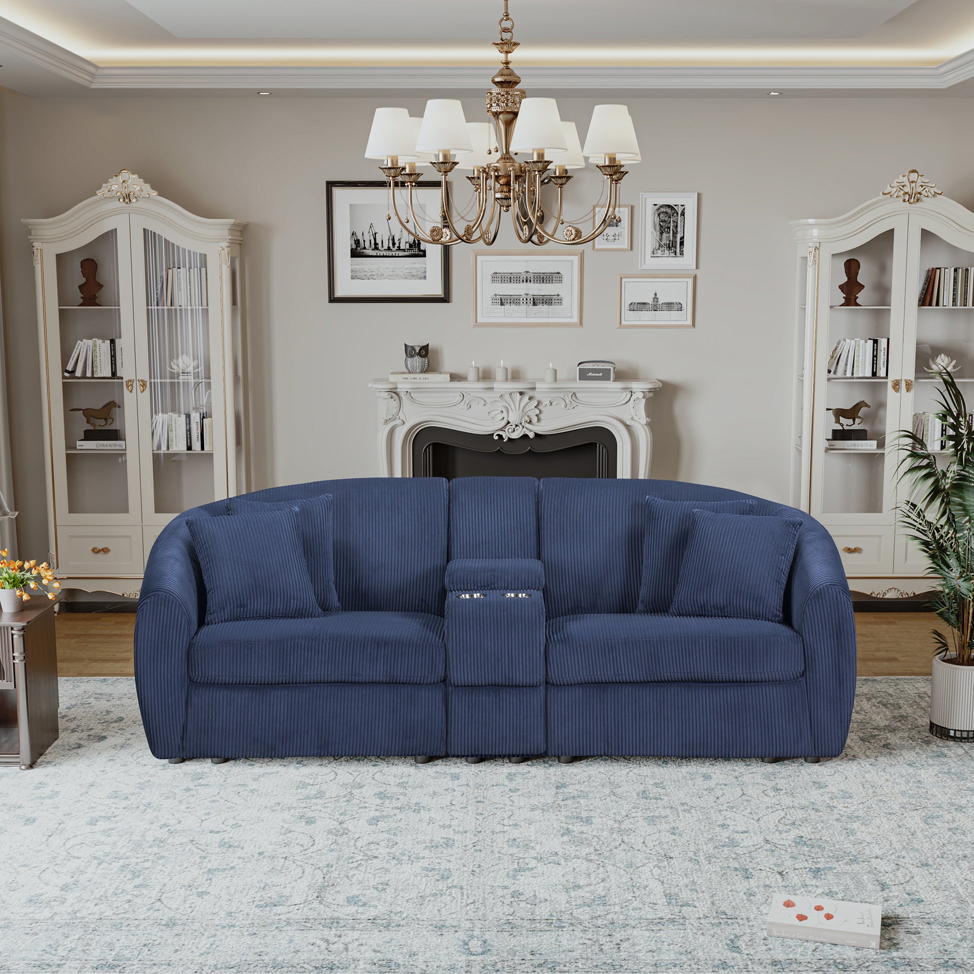 United We Win Corduroy Fabric, Two Cup Holders, Storage, Oversized Two Seat, Solid Wood Frame, High Quality Sponge Filling, Curved Placement Sofa Navy Corduroy 2 Seat