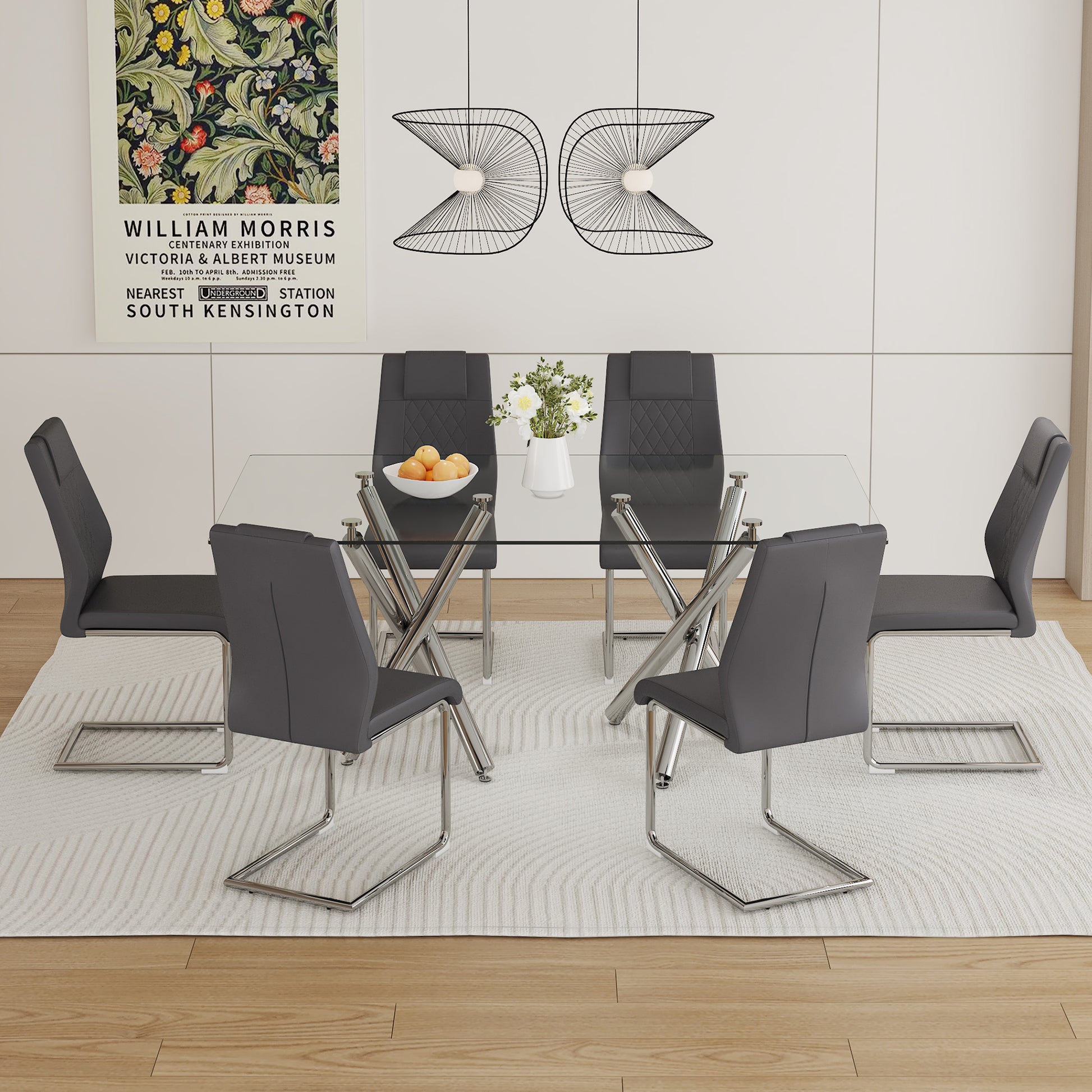 Table And Chair Set.Large Minimalist Rectangular Glass Dining Table For 6 8 With 0.39" Tempered Glass Tabletop And Silver Chrome Metal Legs.Paried With Comfortable Chairs With Pu Seats And Metal Legs. Silver Seats 6 Glass Metal