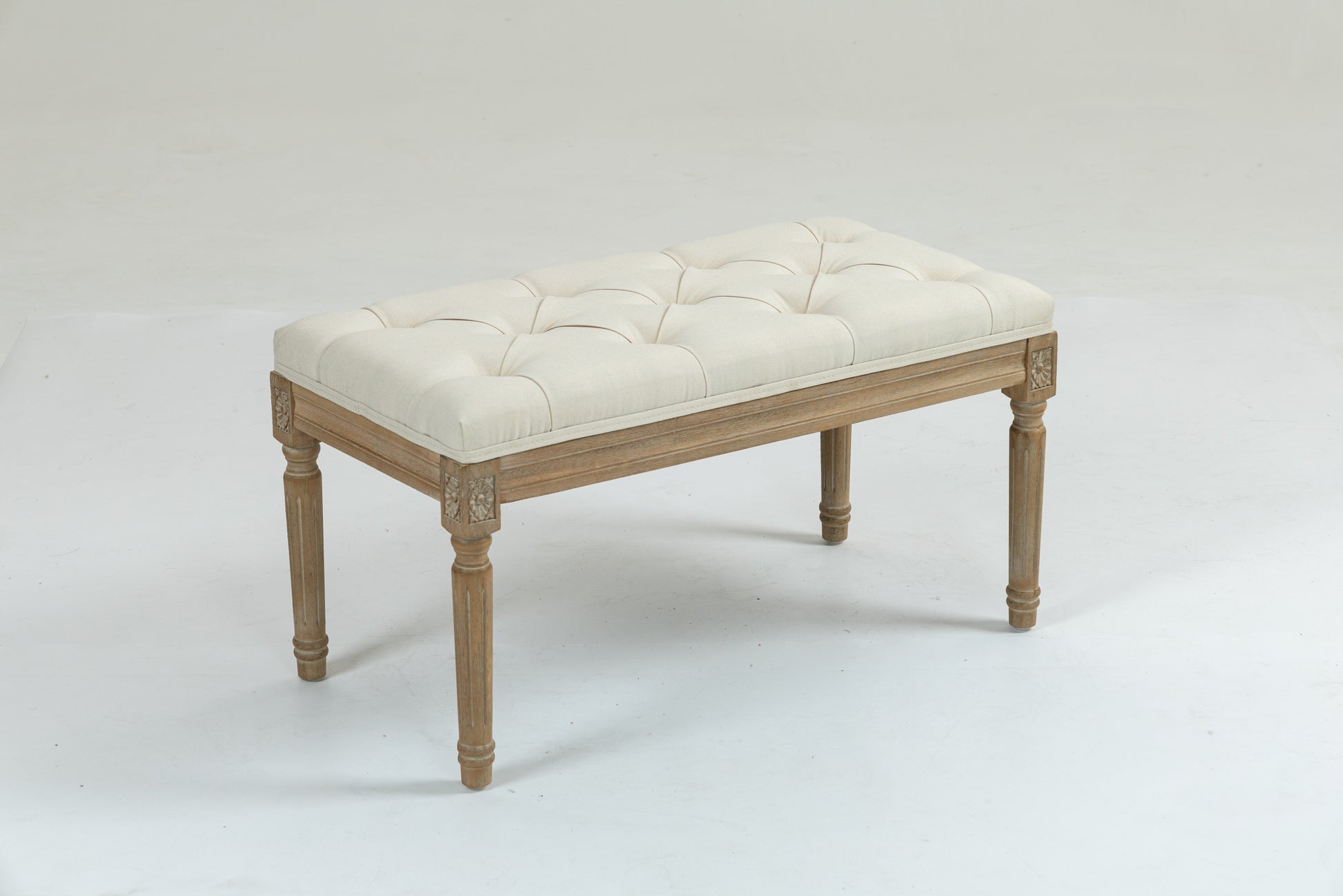 Traditional Rectangle Tufted Ottoman Bench In Beige Linen Look Fabric, For The Living Room And Bedroom Beige Rubber Wood