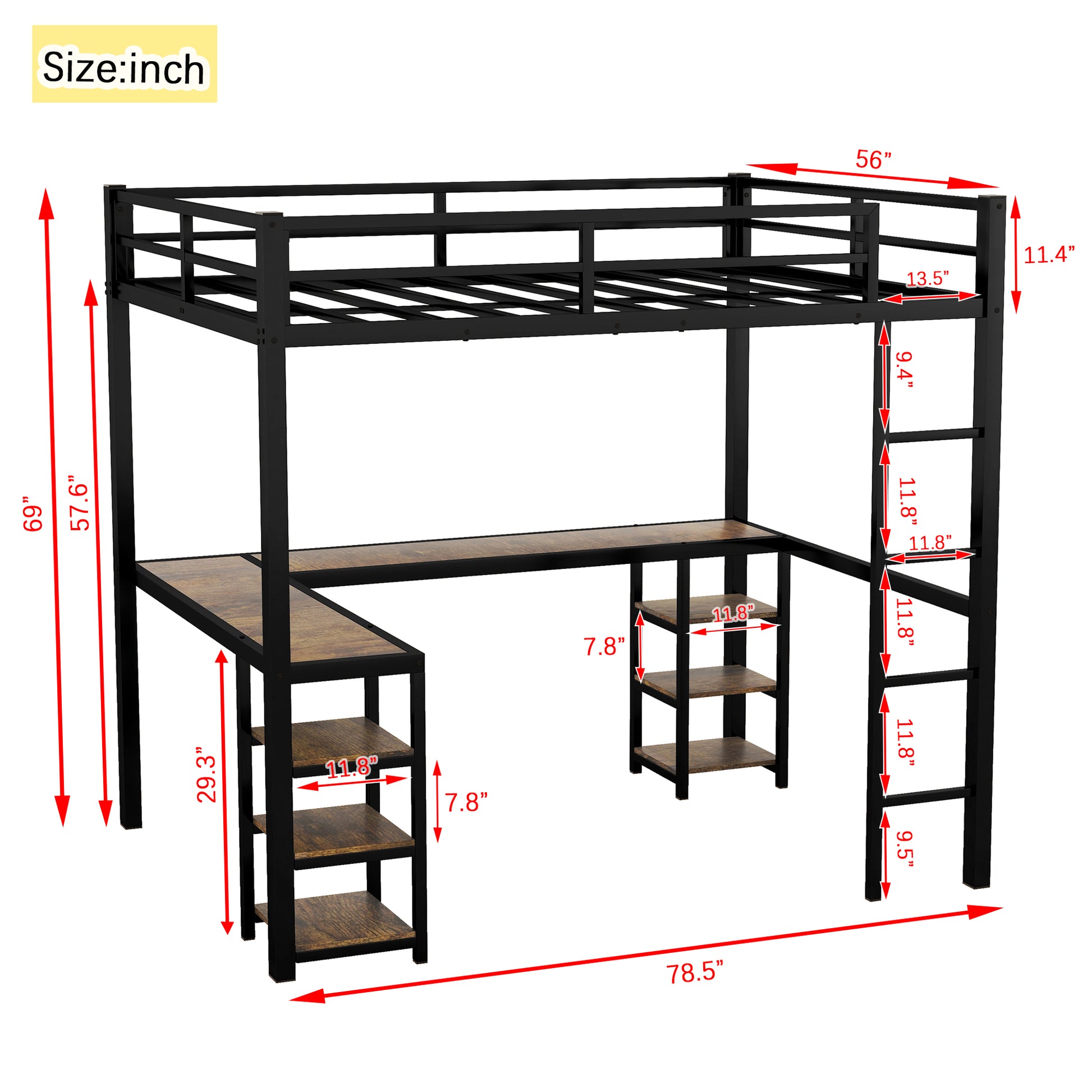 Full Metal Loft Bed With Desk And Shelves, Loft Bed With Ladder And Guardrails, Loft Bed Frame For Bedroom, Black With Vintage Wood Colored Desk Old Sku: W1307S00022 Full Black Metal