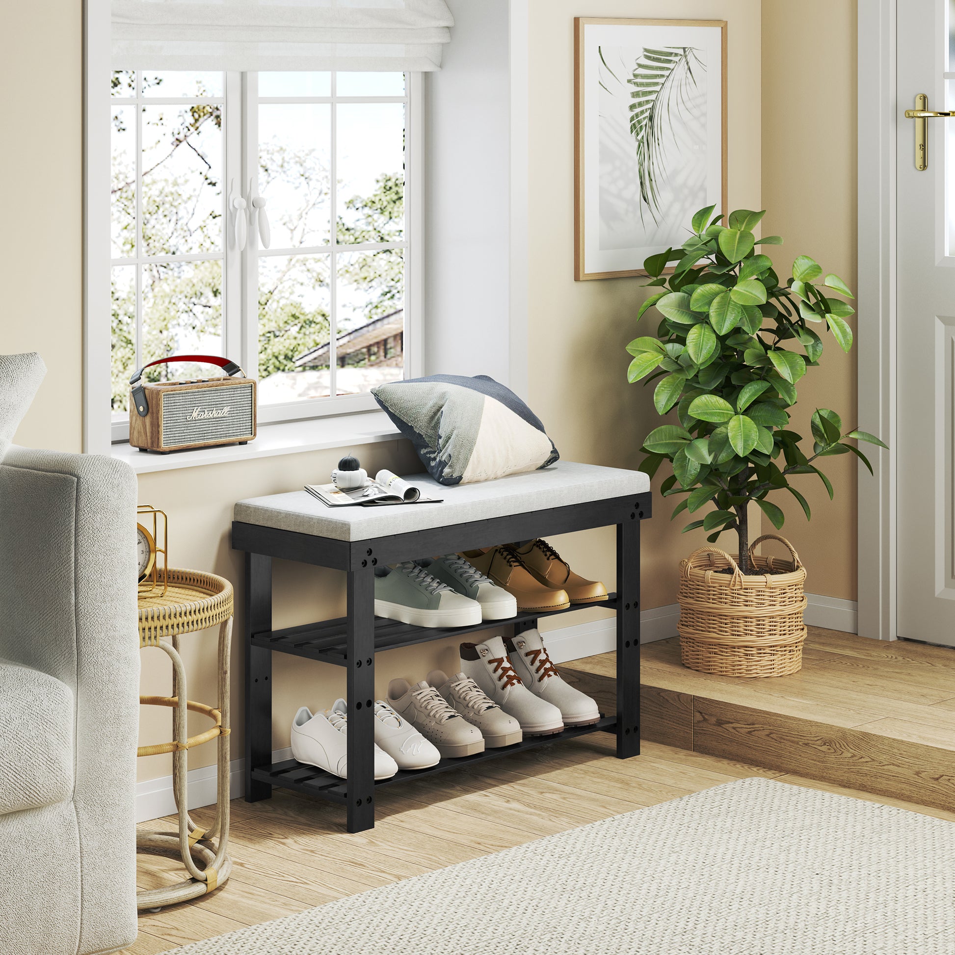 Bamboo Shoe Bench, 3 Tier Shoe Rack, Entryway Bench With Cushion And Adjustable Shelves, Shoe Rack For Entryway, Hallway, Mudroom And Living Room, Black Black Bamboo