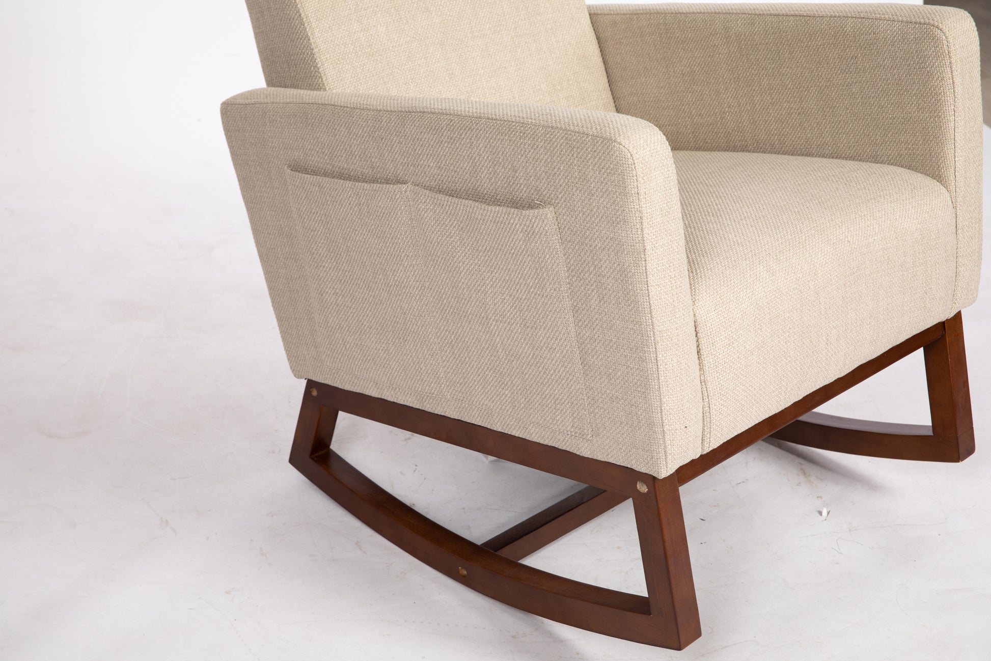 Mid Century Modern Accent Chair With Wood Frame, Upholstered Living Room Chairs With Waist Cushion, Reading Armchair For Bedroom Sunroom Grey White Linen