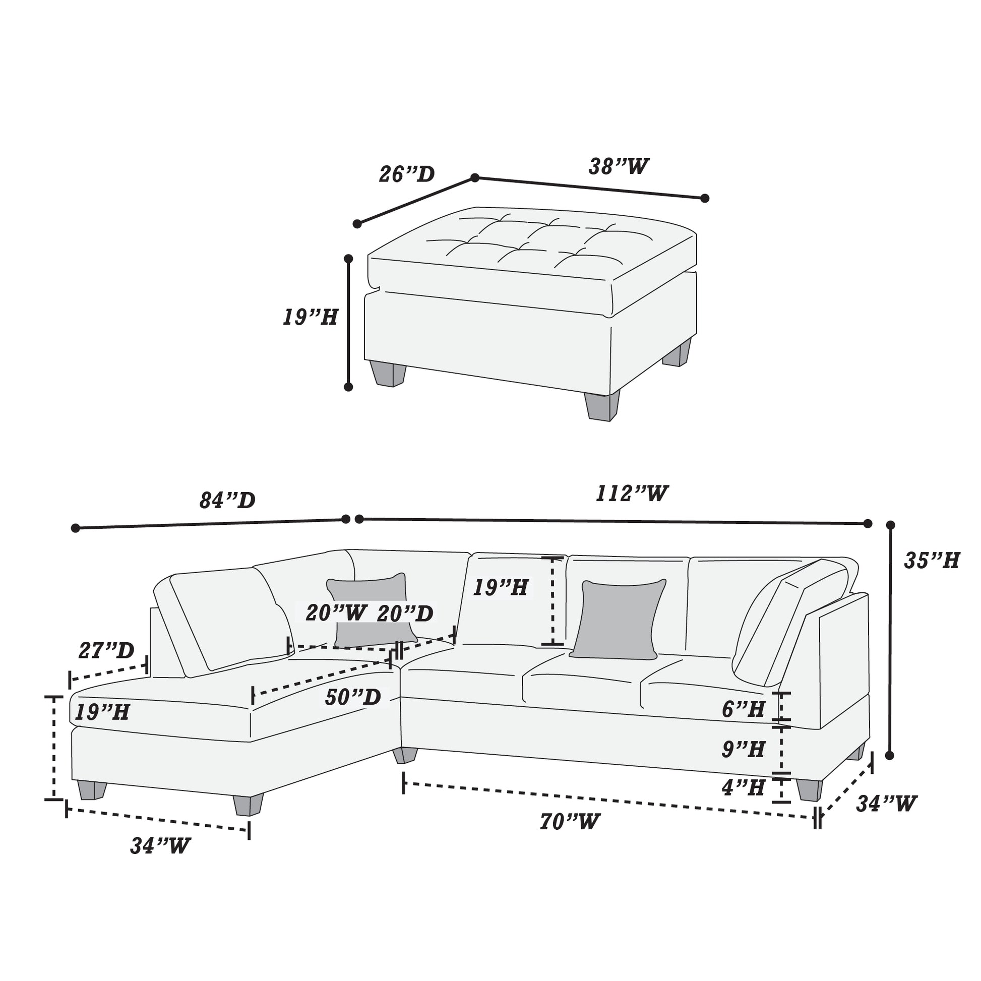 Contemporary 3Pc Reversible Sectional Sofa Set W Ottoman Grey Microfiber Cushion Sofa Chaise Ottoman Couch Pillows Grey Microfiber Wood Primary Living Space Cushion Back Contemporary,Modern L Shaped Rubberwood Particle Board 5 Seat