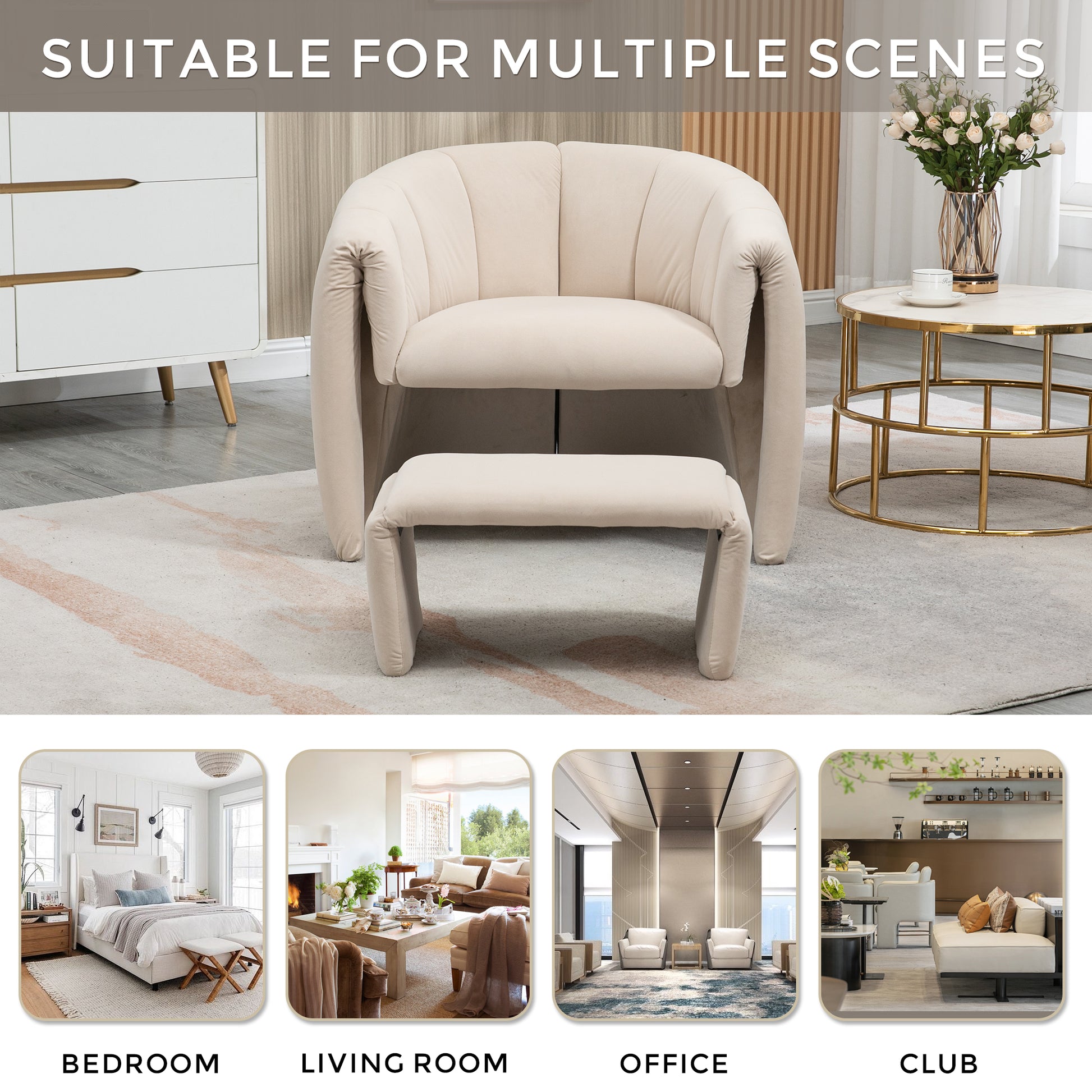 Coolmore Accent Chair With Ottoman, Mid Century Modern Barrel Chair Upholstered Club Tub Round Arms Chair For Living Room Bedroom Office Beige Velvet Beige Foam Velvet