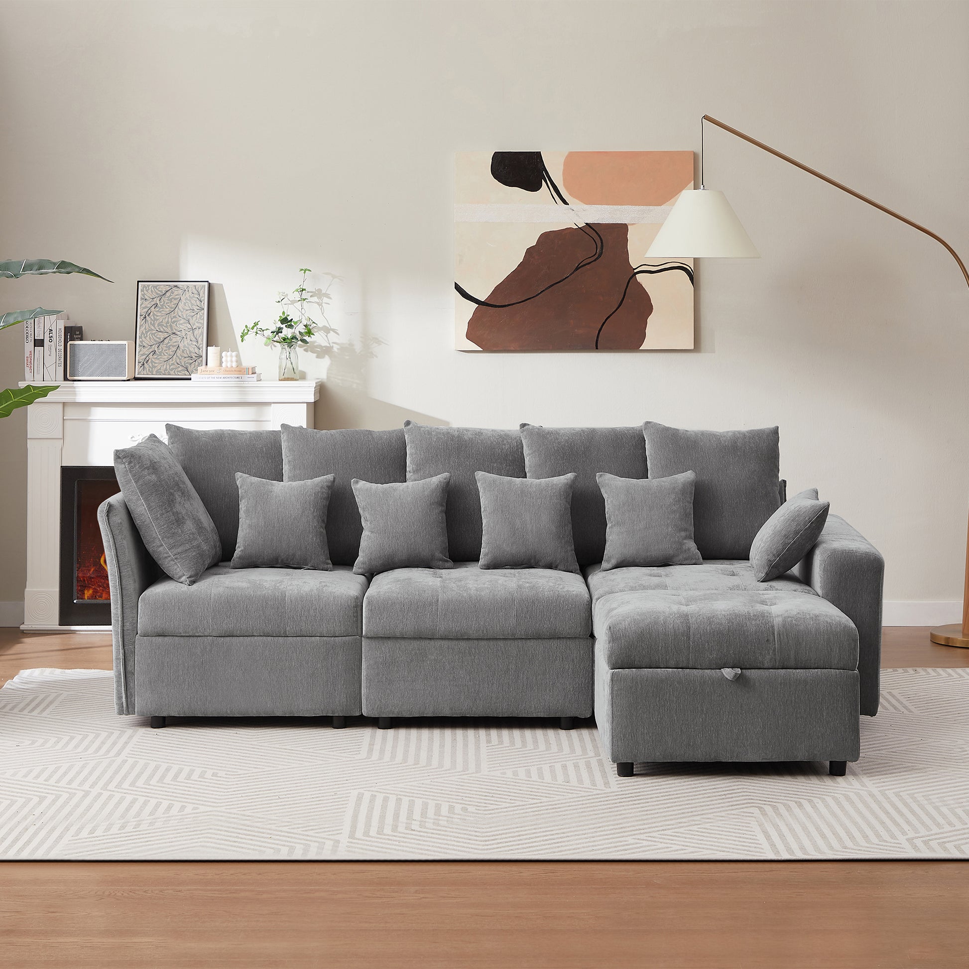 96.45"Sectional Sofa Modular Sofa Couch With Three Usb Ports, A Removable Storage Ottoman And Five Back Pillows For Living Room, Grey Grey Foam Chenille 4 Seat