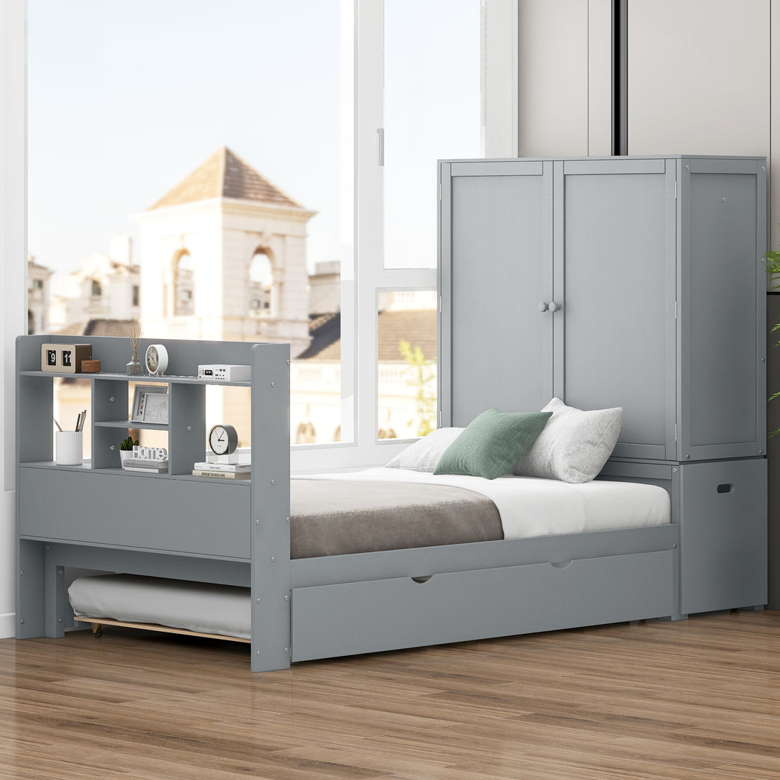 Twin Size Platform Bed With Storage Headboard And Footboard, Pull Out Shelves And Twin Size Trundle, Gray Box Spring Not Required Twin Gray Wood Bedroom Bed Frame Solid Wood Mdf