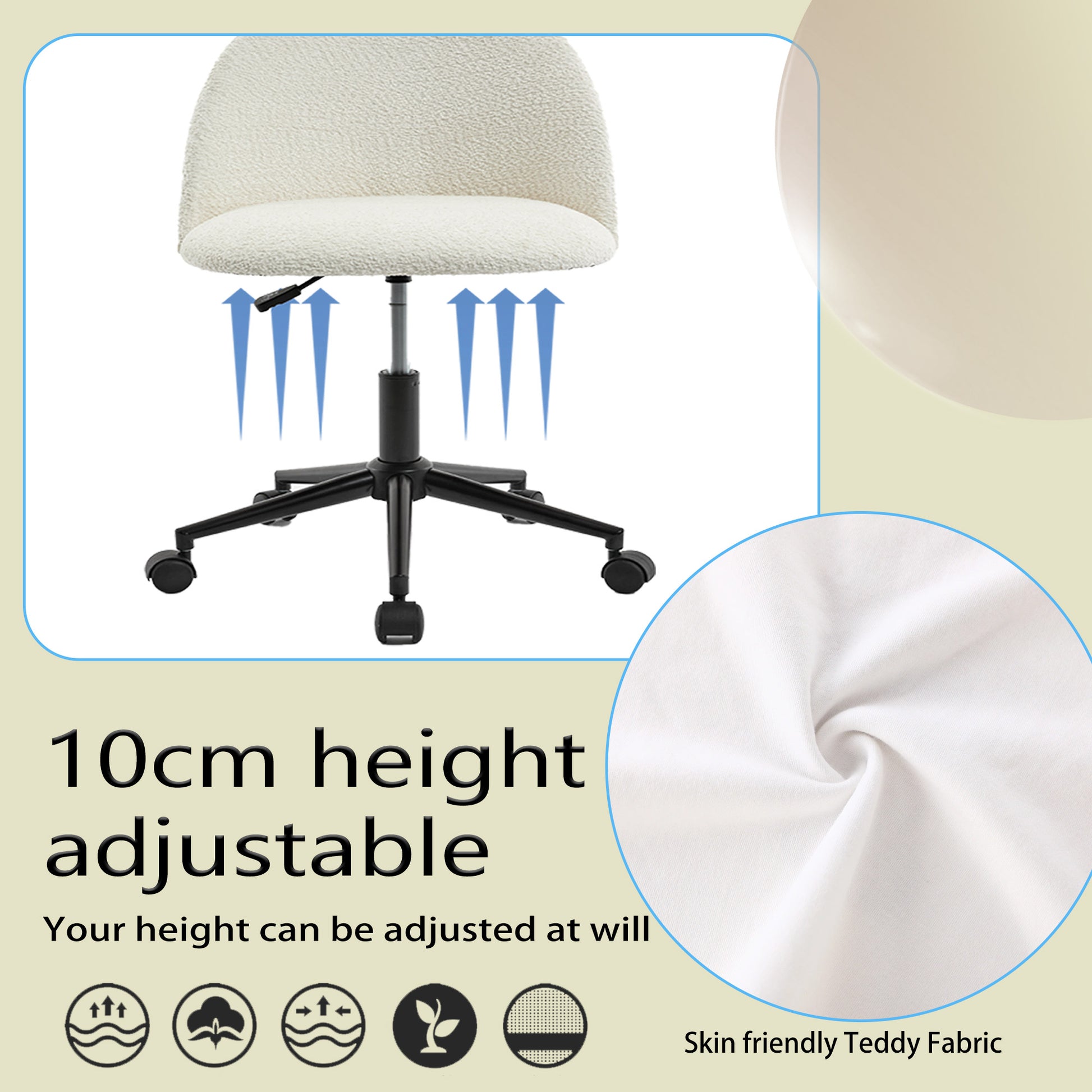 White Boucle Office Chair Desk Chair, Mid Back Adjustable Swivel Computer Chair With Black Legsmodern Upholstered Desk Chair With Wheels White Black Foam Polyester Blend