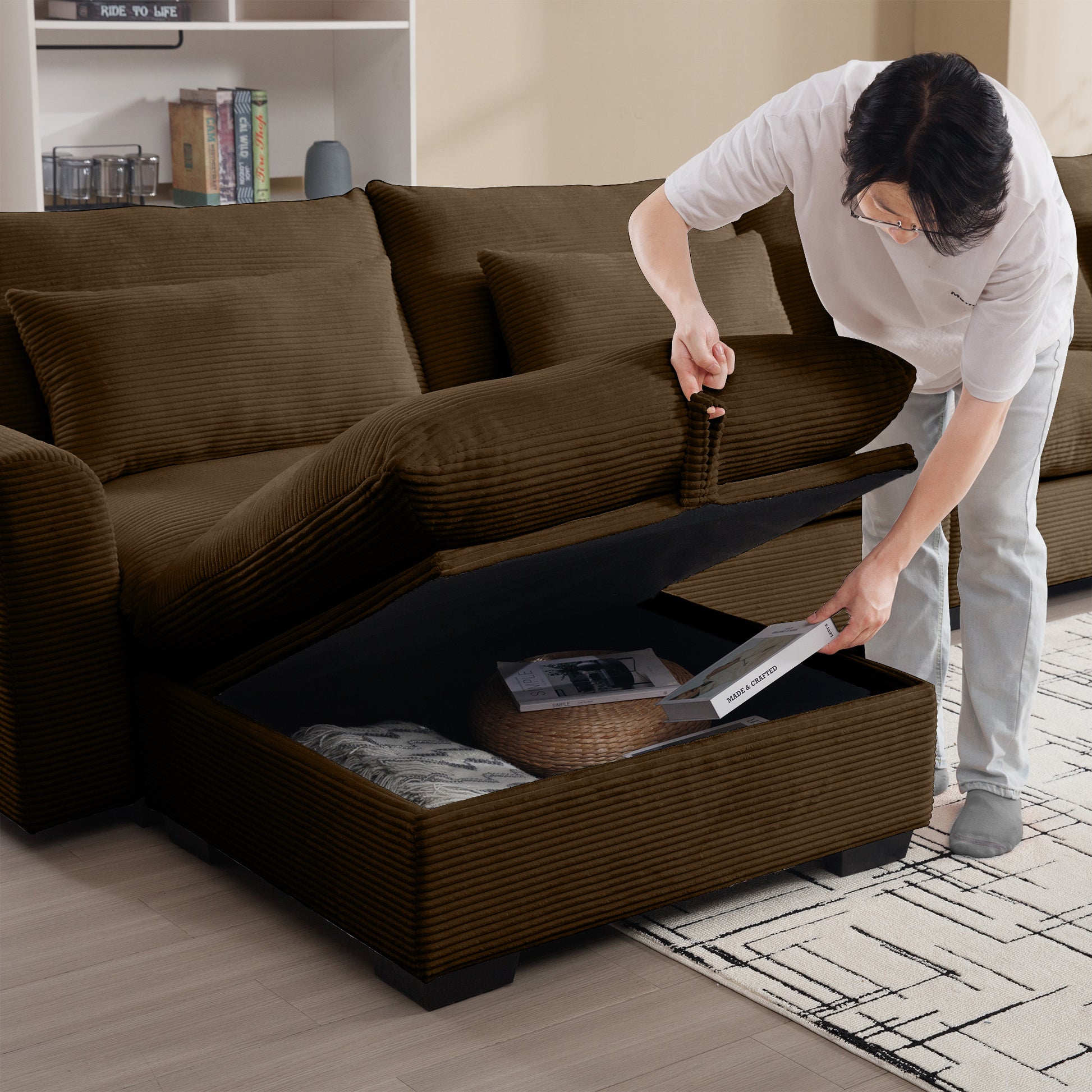 Corduroy Sectional Sofa, L Shaped Couch With Storage Footstool And 3 Pillow, Sectional Couch For Living Room Apartment, Brown Brown Corduroy 3 Seat