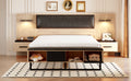 Queen Size Wood Platform Bed With Upholstered Headboard, Lights And Storage Nightstand, Bench, Walnut Box Spring Not Required Queen Walnut Wood Bedroom Bed Frame Faux Leather Solid Wood Mdf