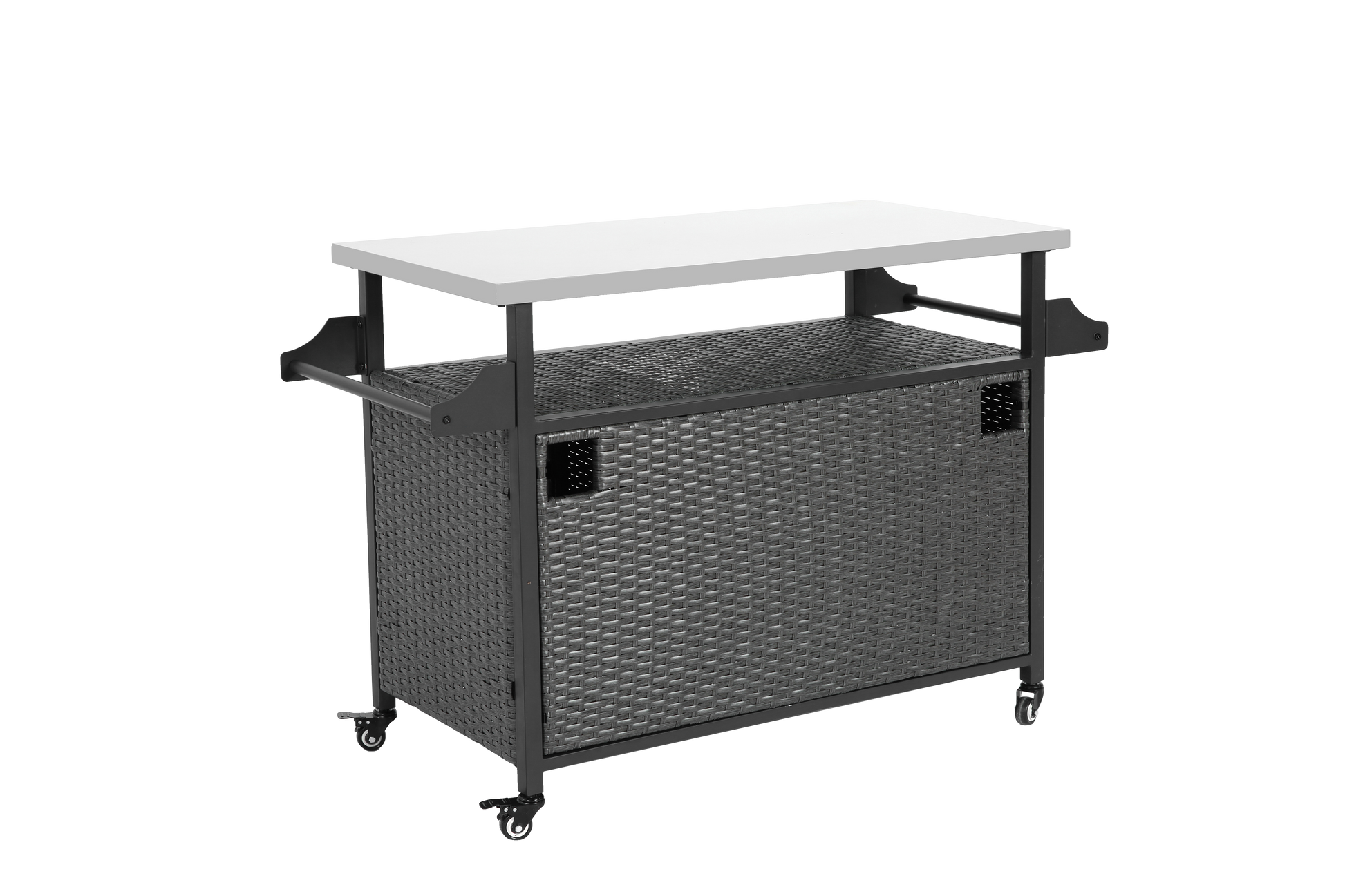 Large Bar Cart,Outdoor Kitchen Wicker Island Rolling Cart & Storage Cabinet, Wheels And Stainless Steel Extended Table Top, Side Handle For Patio Kitchen Or Bar Cart, Grey No Grey Garden & Outdoor