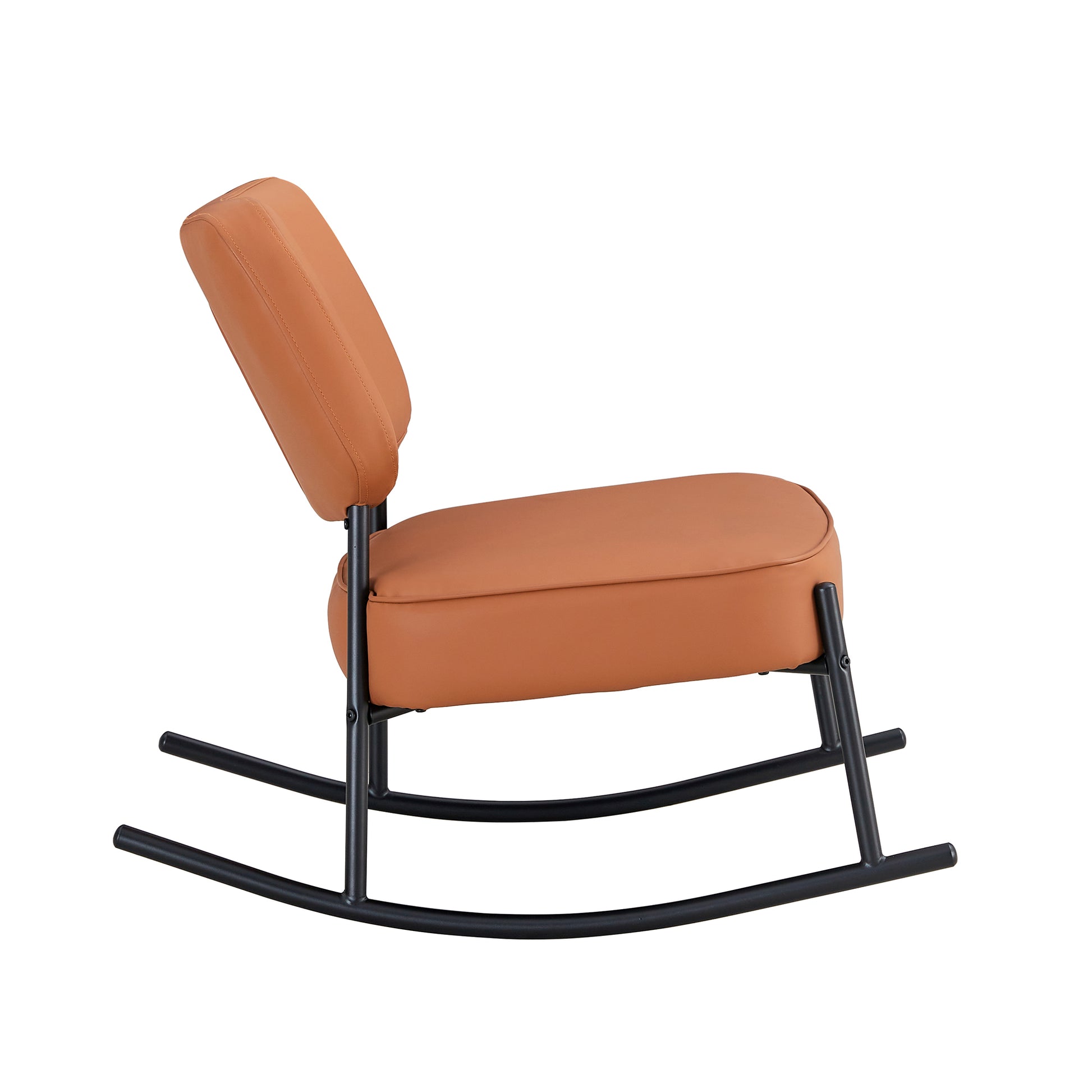 Pu Material Cushioned Rocking Chair, Unique Rocking Chair, Cushioned Seat, Brown Backrest Rocking Chair, Black Metal Legs. Comfortable Side Chairs In The Living Room, Bedroom, And Office Brown Pu