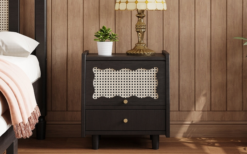Wooden Nightstand With Rattan Woven Storage Cabinet And 1 Drawer, Exquisite Elegance With Natural Storage Solutions For Bedroom, Black Expected Arrival Time: 08.23 Black 1 Drawer Wood
