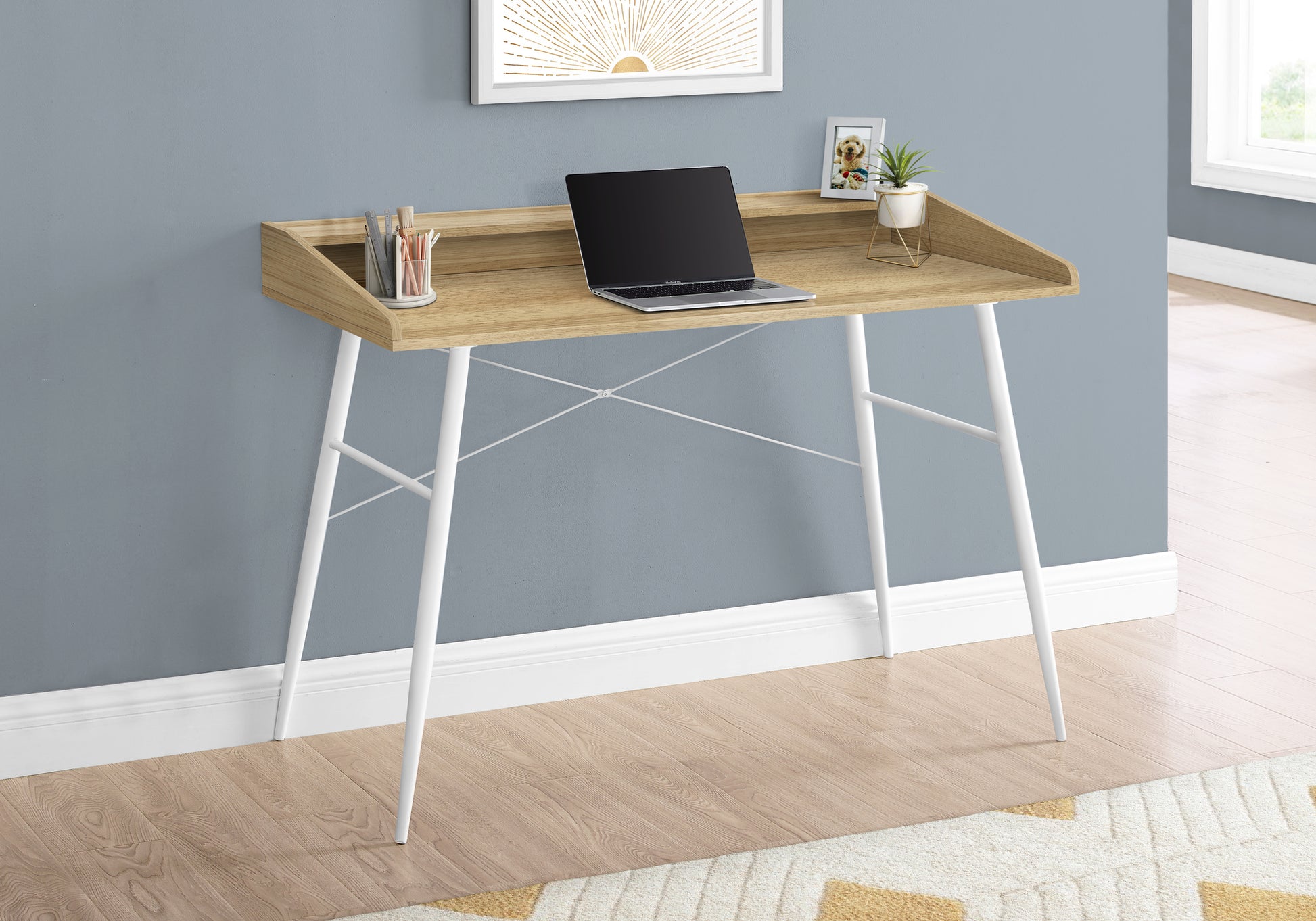 Computer Desk, Home Office, Laptop, Storage Shelves, 48"L, Work, Natural Laminate, White Metal, Contemporary, Modern Natural Particle Board