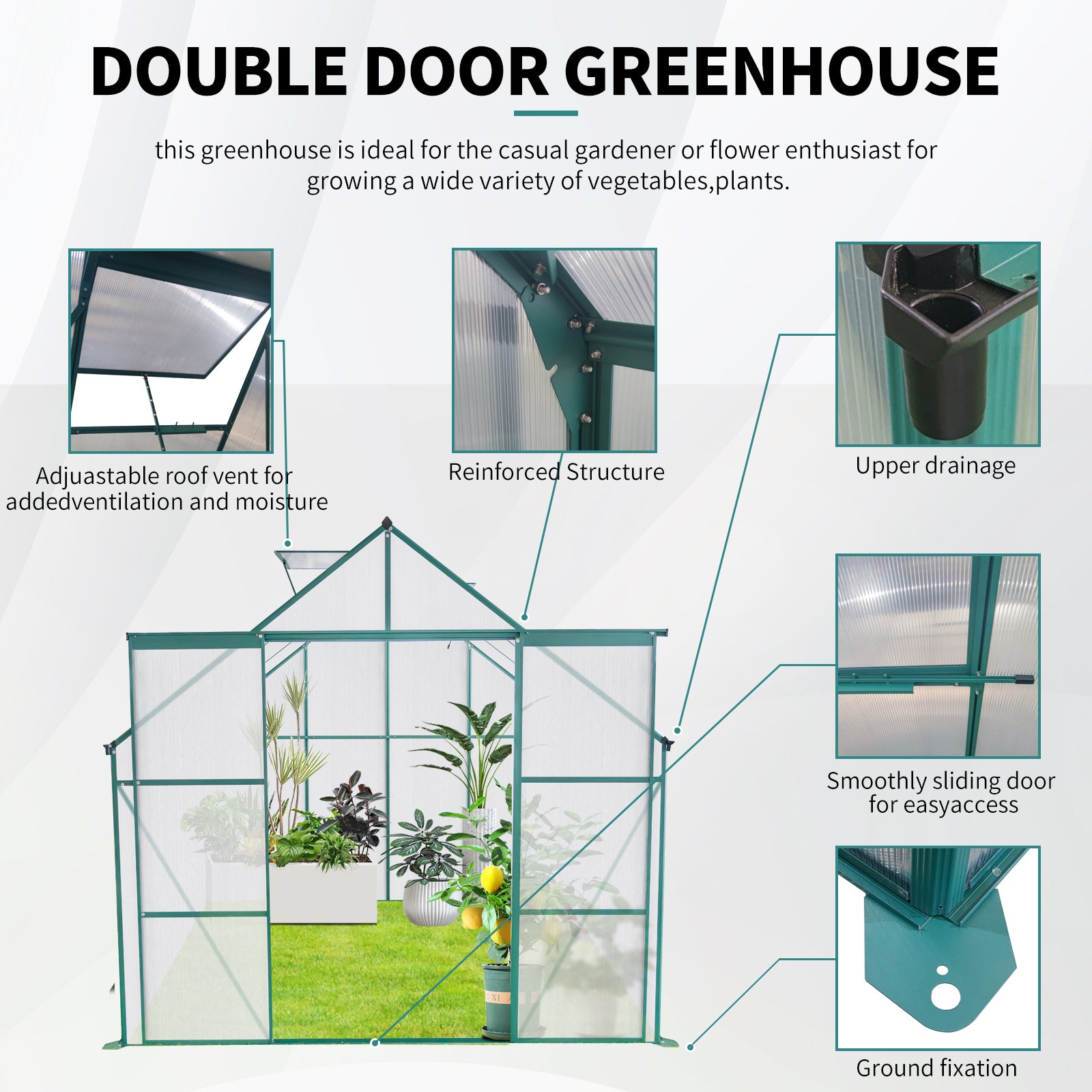 8X6Ft Green Double Door Polycarbonate Greenhouse Raised Base And Anchor Aluminum Heavy Duty Walk In Greenhouses For Outdoor Backyard In All Season Green Aluminum