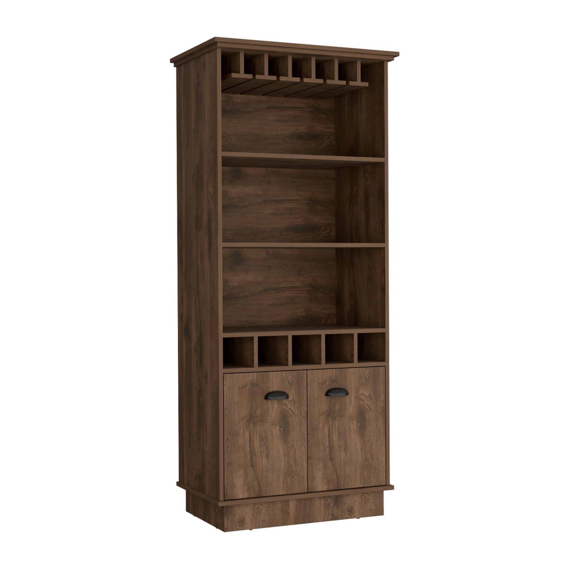 Bar Cabinet With Wine Rack 70"H, Upper Glass Cabinet, Three Open Storage Shelves And One Cabinet,Dark Brown Dark Brown Solid Wood Mdf Engineered Wood