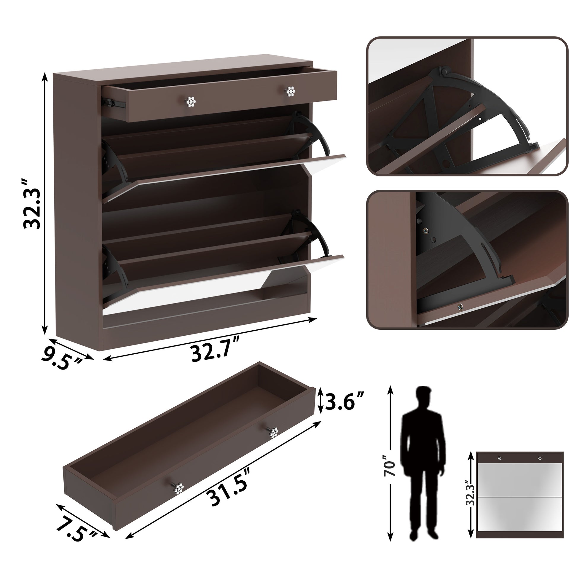 Mirror Shoe Cabinet With 2 Tier Drawers, Mirror Shoe Rack With 1 Drawer Storage, Mirror Shoe Organizer With 2 Layers In A Drawer For Entrance, Entryway, Bedroom,Brown Finish 1 2 Drawers Brown Brown Primary Living Space Glass Doors Mdf Glass