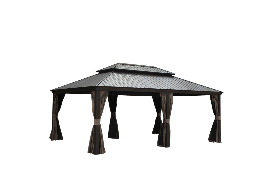 Outdoor Living 14X20Ft Hardtop Gazebo, Permanent Metal Gazebo With Galvanized Steel Double Roof And Aluminum Frame, Curtain And Netting, Large Pavilion Gazebo For Patio Deck Garden Brown Aluminum