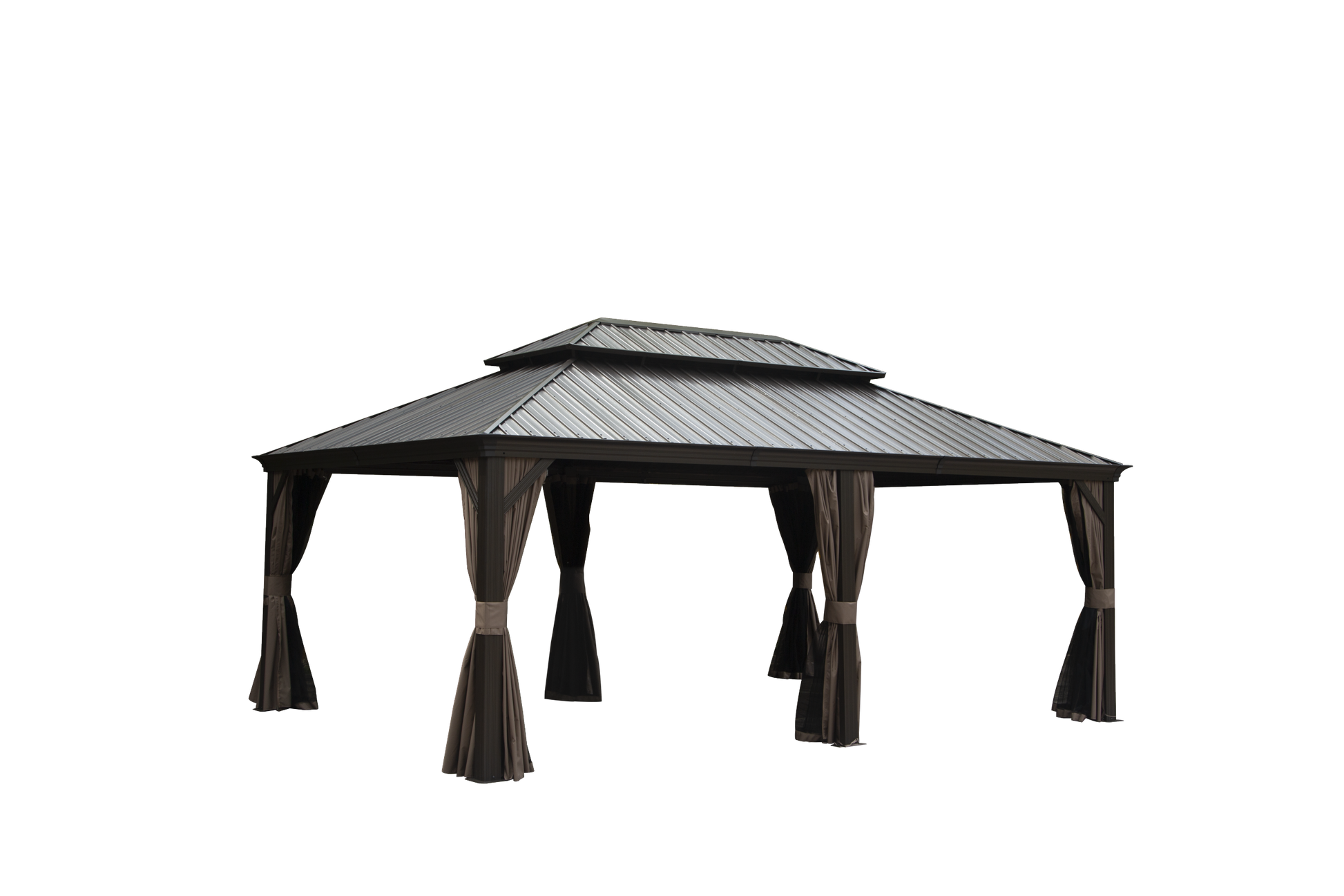 Outdoor Living 14X20Ft Hardtop Gazebo, Permanent Metal Gazebo With Galvanized Steel Double Roof And Aluminum Frame, Curtain And Netting, Large Pavilion Gazebo For Patio Deck Garden Brown Aluminum