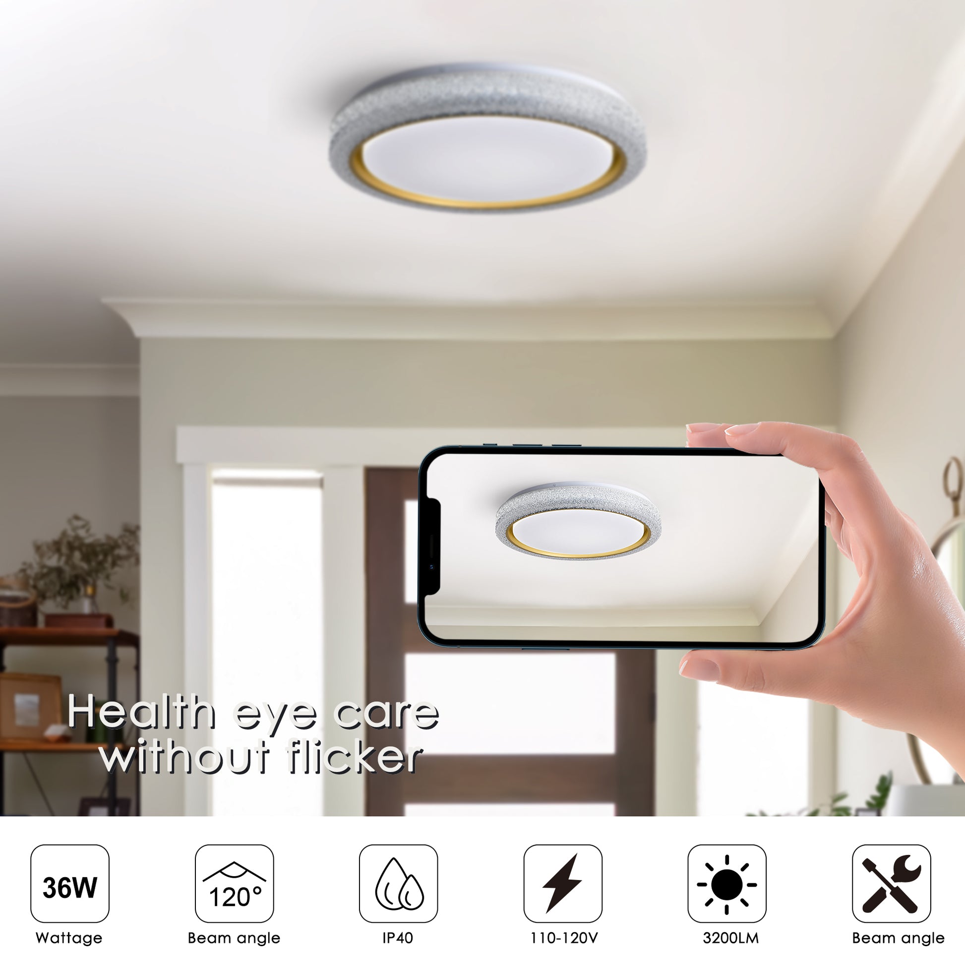 Led Flush Mount Ceiling Light Fixture, 19.69In 36W,3600Lm, 5 Cct Colors 2700K 3000K 3500K 4000K 5000K, Dimmable Modern Flush Mount Light Fixture For Bedroom Bathroom Hallway White Abs Acrylic