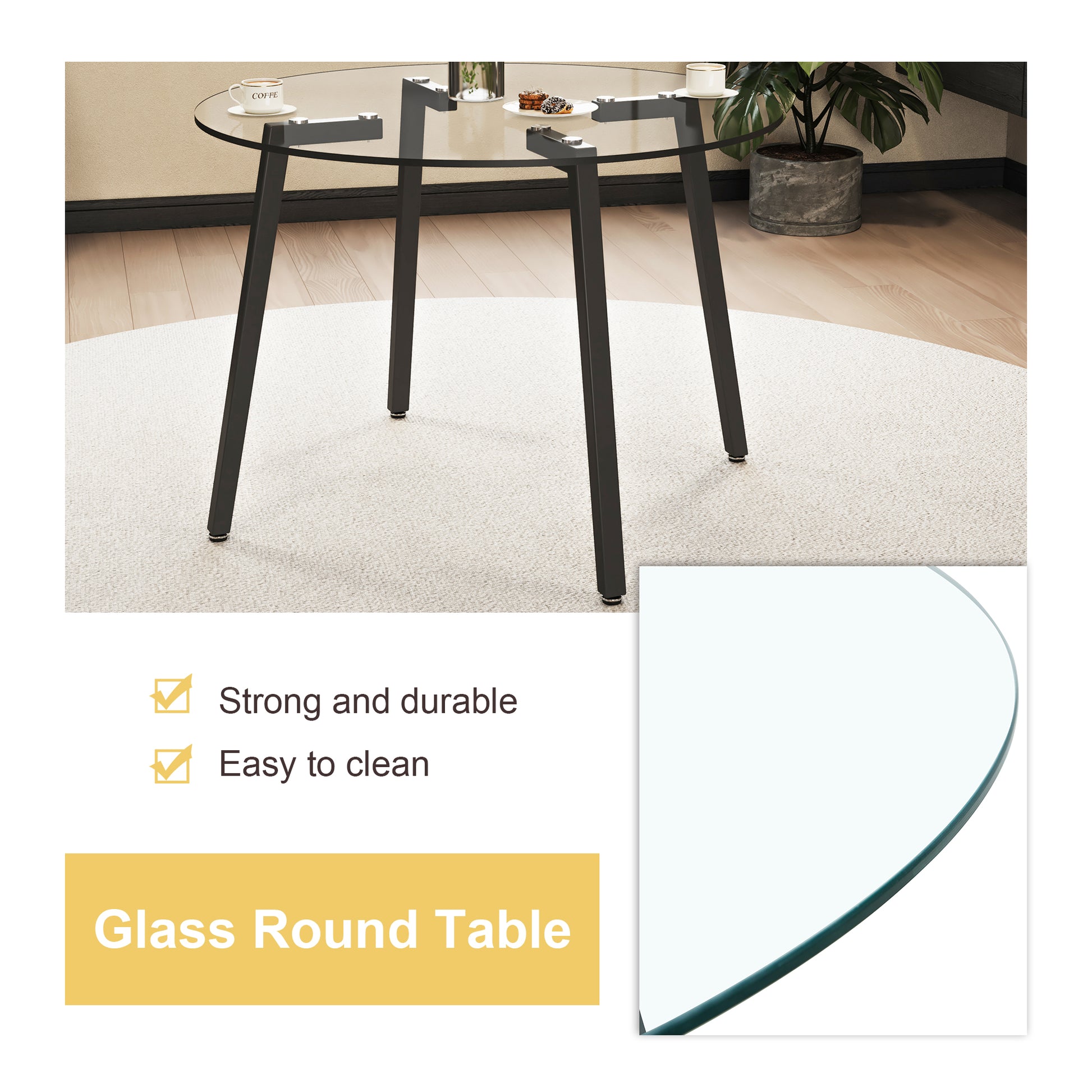 Table And Chair Set.A Modern Minimalist Style Round Clear Tempered Glass Table With Black Metal Legs.Paried With 4 Chairs With Modern Pu Leather High Back Upholstered And C Tube Black Metal Legs. White Black Seats 4 Glass Metal