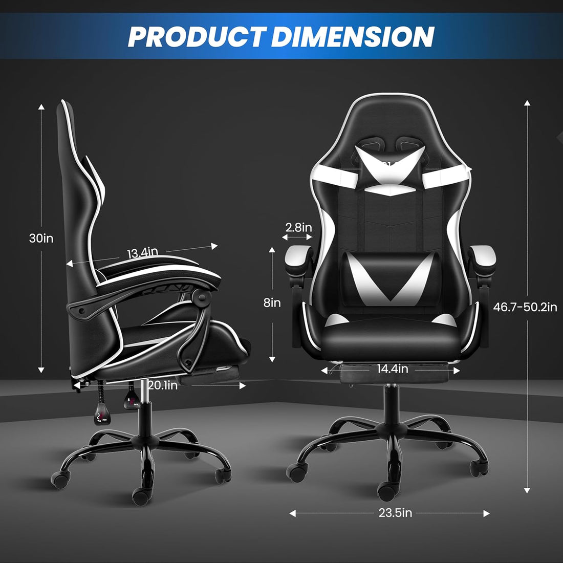 Gaming Chair With Footrest, Big And Tall Gamer Chair, Racing Style Adjustable Swivel Office Chair, Ergonomic Video Game Chairs With Headrest And Lumbar Support White Black Faux Leather