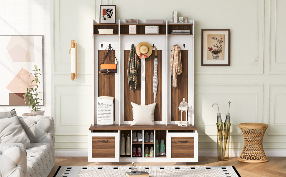 5 In 1 Entryway Bench With Coat Rack, 7 Sturdy Hooks, 2 Spacious Drawers And Adjustable Shelves, 58.8'' Wide Hall Tree With Metal Handles For Hallway, Entryway, Living Room Brown White Mdf