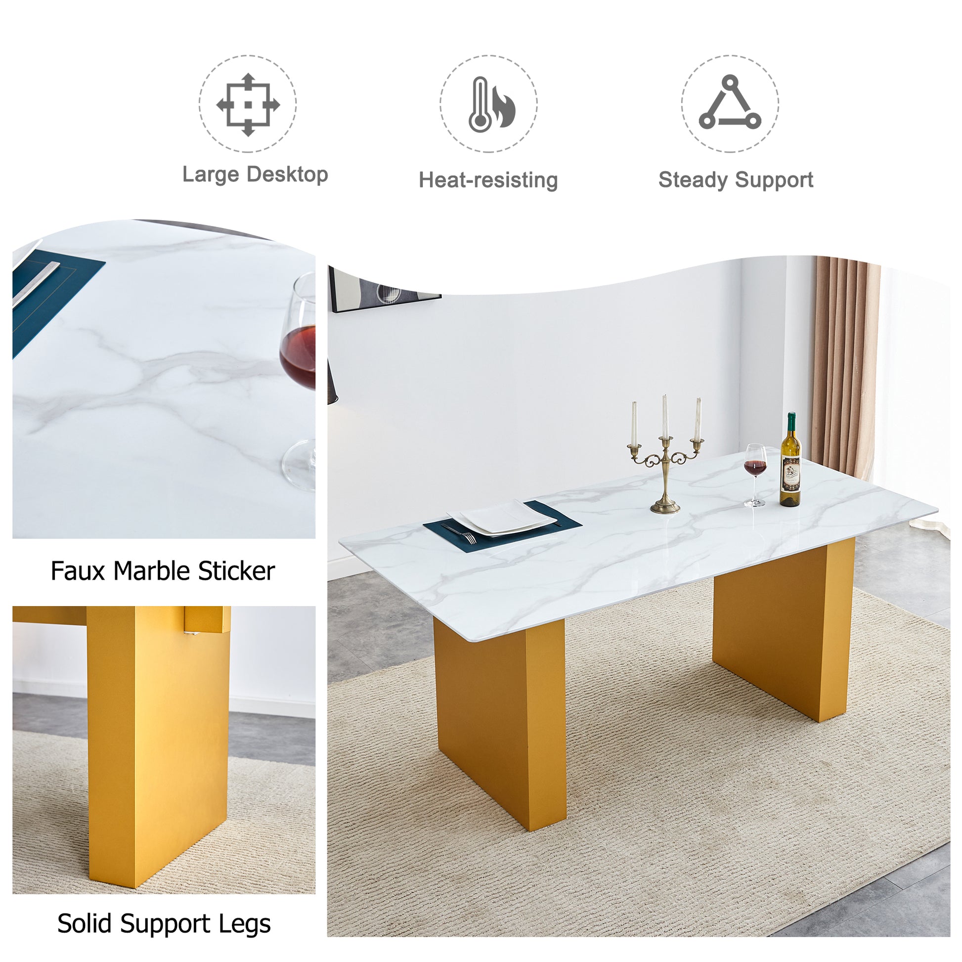 Table And Chair Set.Large Modern Rectangular Table With 0.4 Inch Patterned Glass Tabletop And Large Mdf Table Legs.Comes With 6 Chairs With Faux Leather Cushioned Seats And Golden Metal Legs. Gold White Seats 6 Mdf Glass