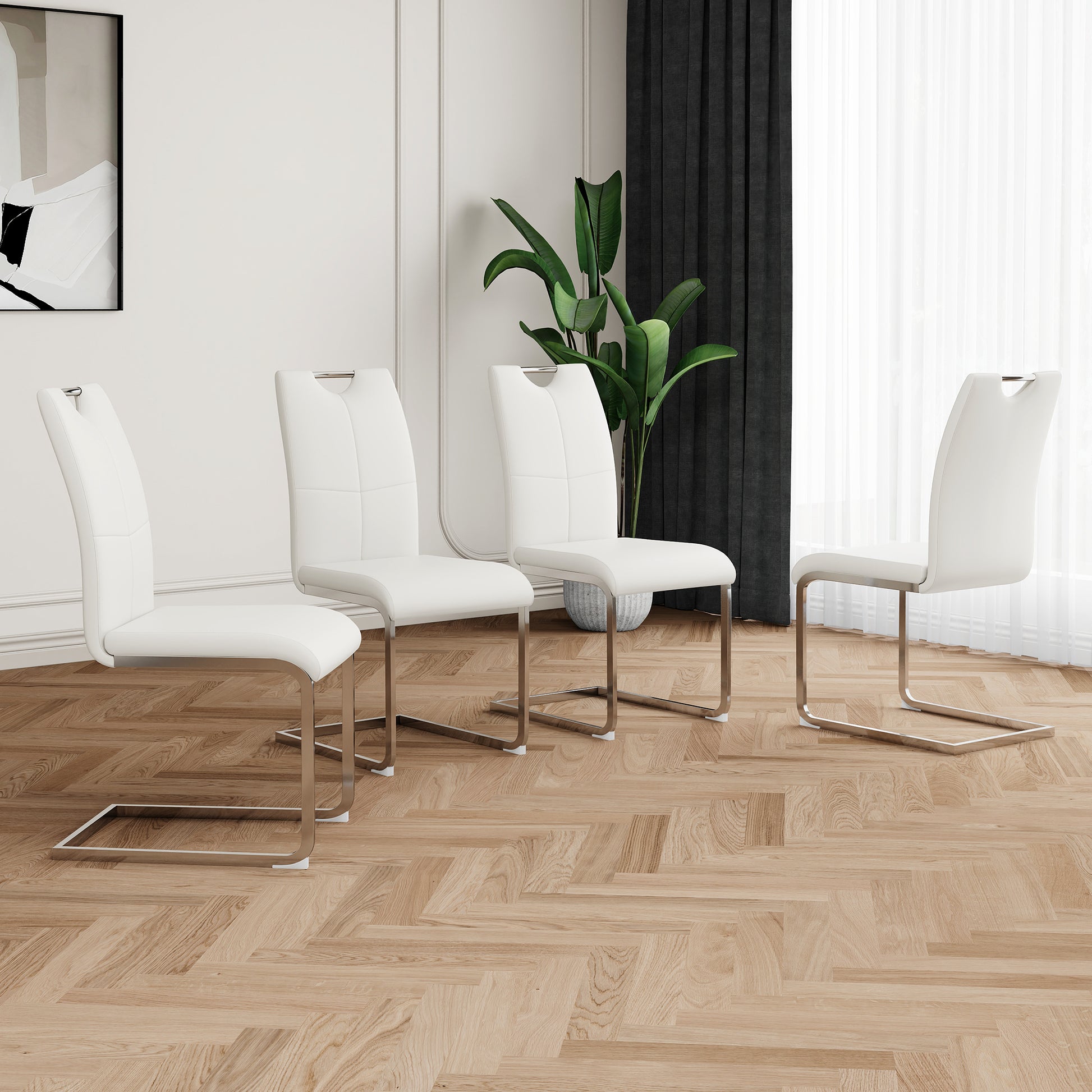 Modern Dining Chairs With Faux Leather Padded Seat Dining Living Room Chairs Upholstered Chair With Chrome Metal Legs Design For Kitchen, Living, Bedroom, Dining Room Side Chairs Set Of 4 White Silver Metal