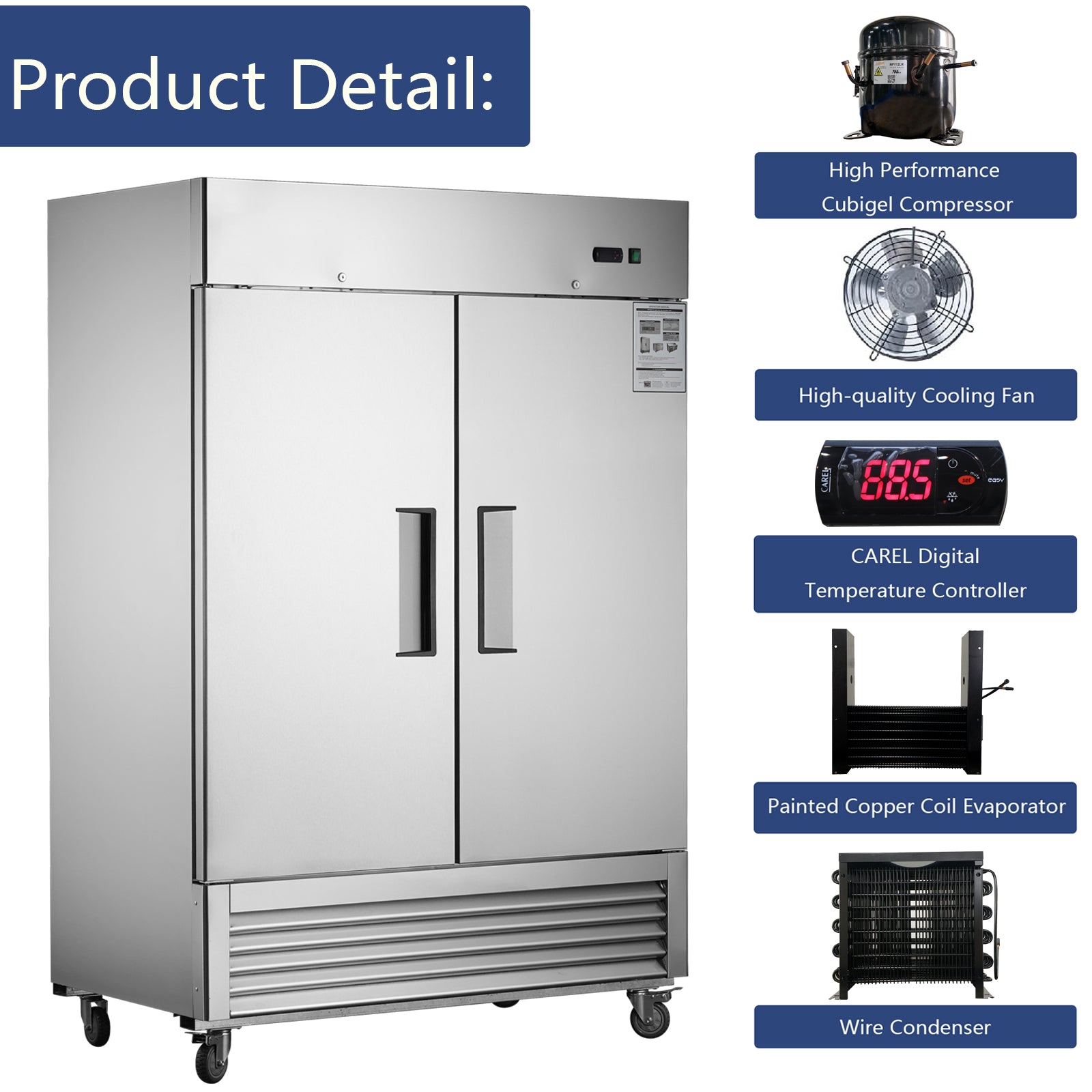 54"W Commercial Freezer 2 Section 2 Solid Door Stainless Steel Interior And Exterior Construction Reach In Freezer 42.2 Cu.Ft. Upright Fan Cooling Freezer For Restaurants And Commercial Environments