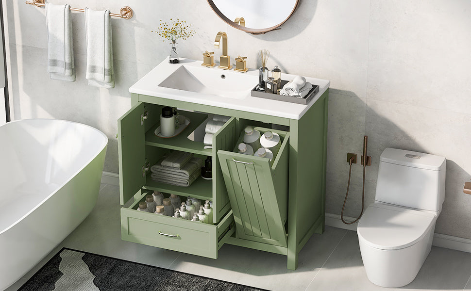 36" Bathroom Vanity With Sink, One Cabinet With Two Doors And One Big Drawer And One Flip Drawer, Solid Wood And Mdf Board, Green Green Solid Wood Mdf