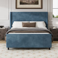 50.7'' High Headboard Corduroy Upholstered Bed Frame With Vertical Stripe Wingback And High Footboard No Box Spring Needed,King Size, Blue Box Spring Not Required King Blue Wood Bedroom Modern Bed Frame Wood